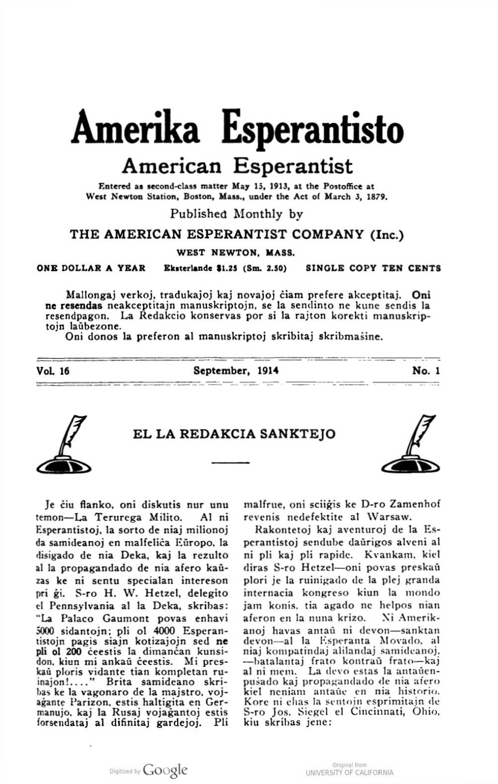 Amerika Esperantisto V16n01 (Sep 1914)