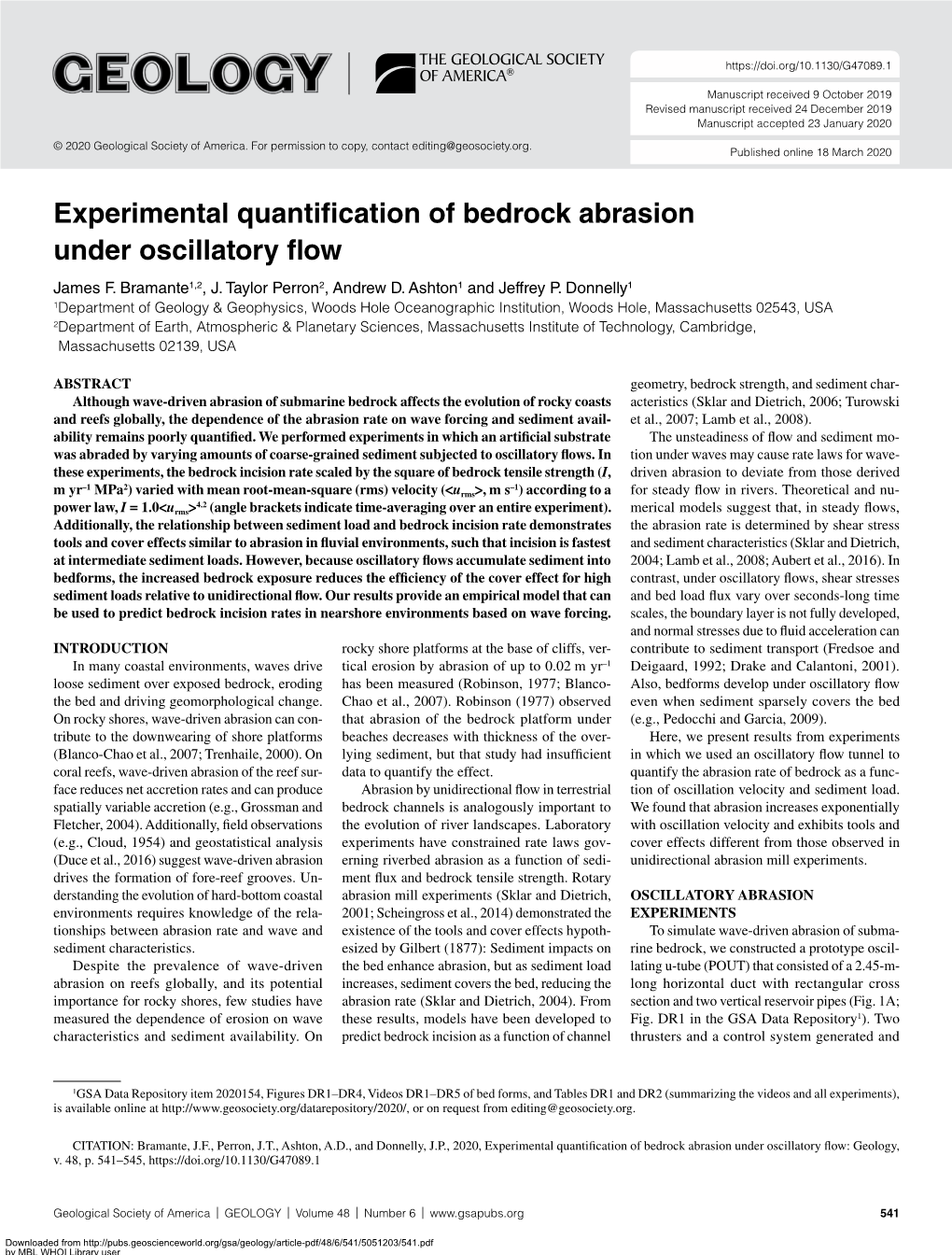 Experimental Quantification of Bedrock Abrasion Under Oscillatory Flow James F