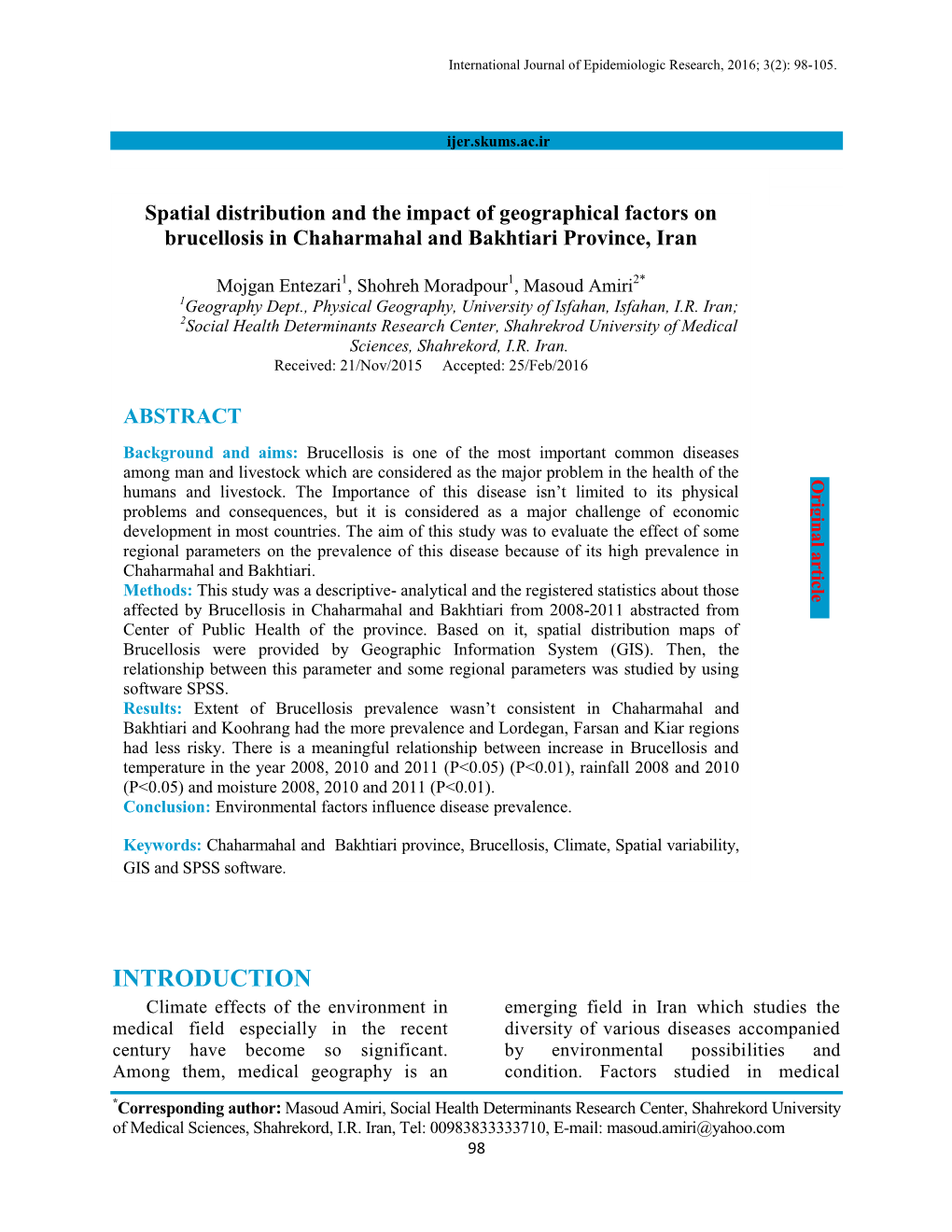 Spatial Distribution and the Impact of Geographical Factors on Brucellosis in Chaharmahal and Bakhtiari Province, Iran