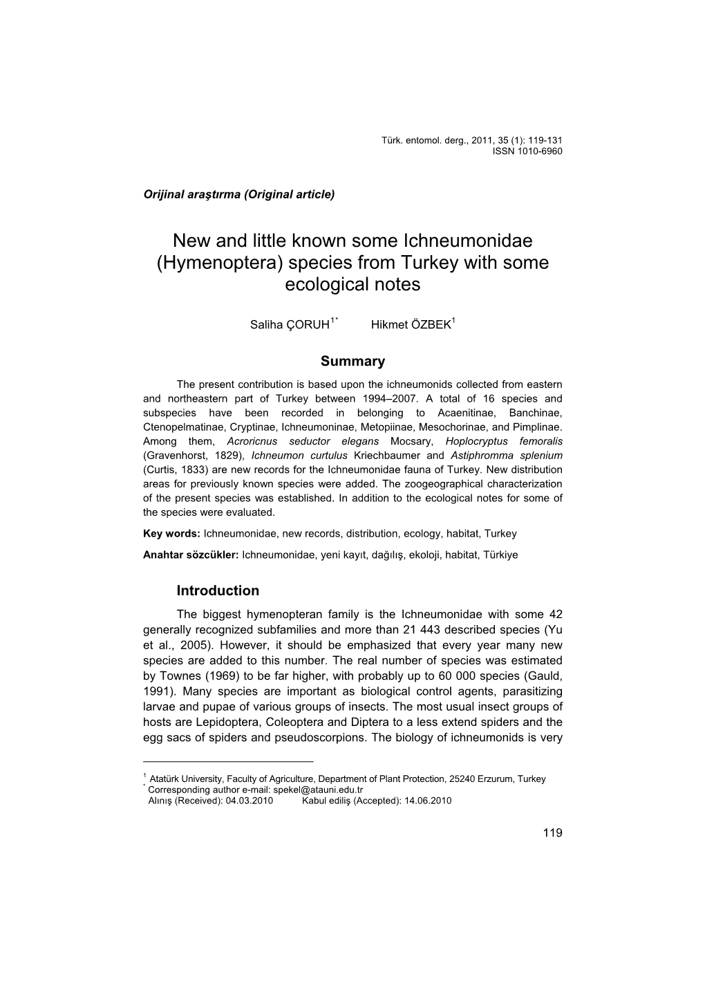 New and Little Known Some Ichneumonidae (Hymenoptera) Species from Turkey with Some Ecological Notes