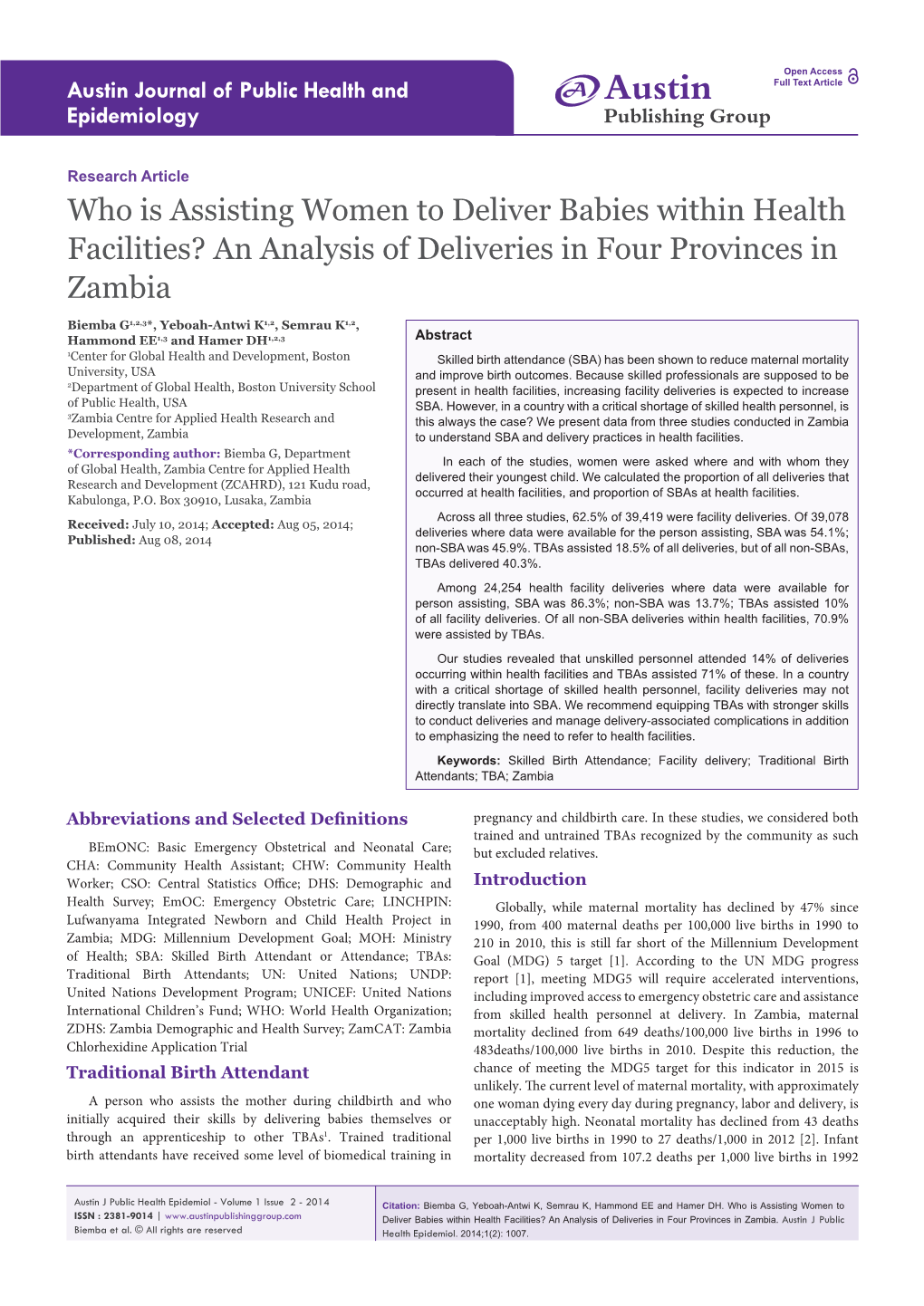 Who Is Assisting Women to Deliver Babies Within Health Facilities? an Analysis of Deliveries in Four Provinces in Zambia