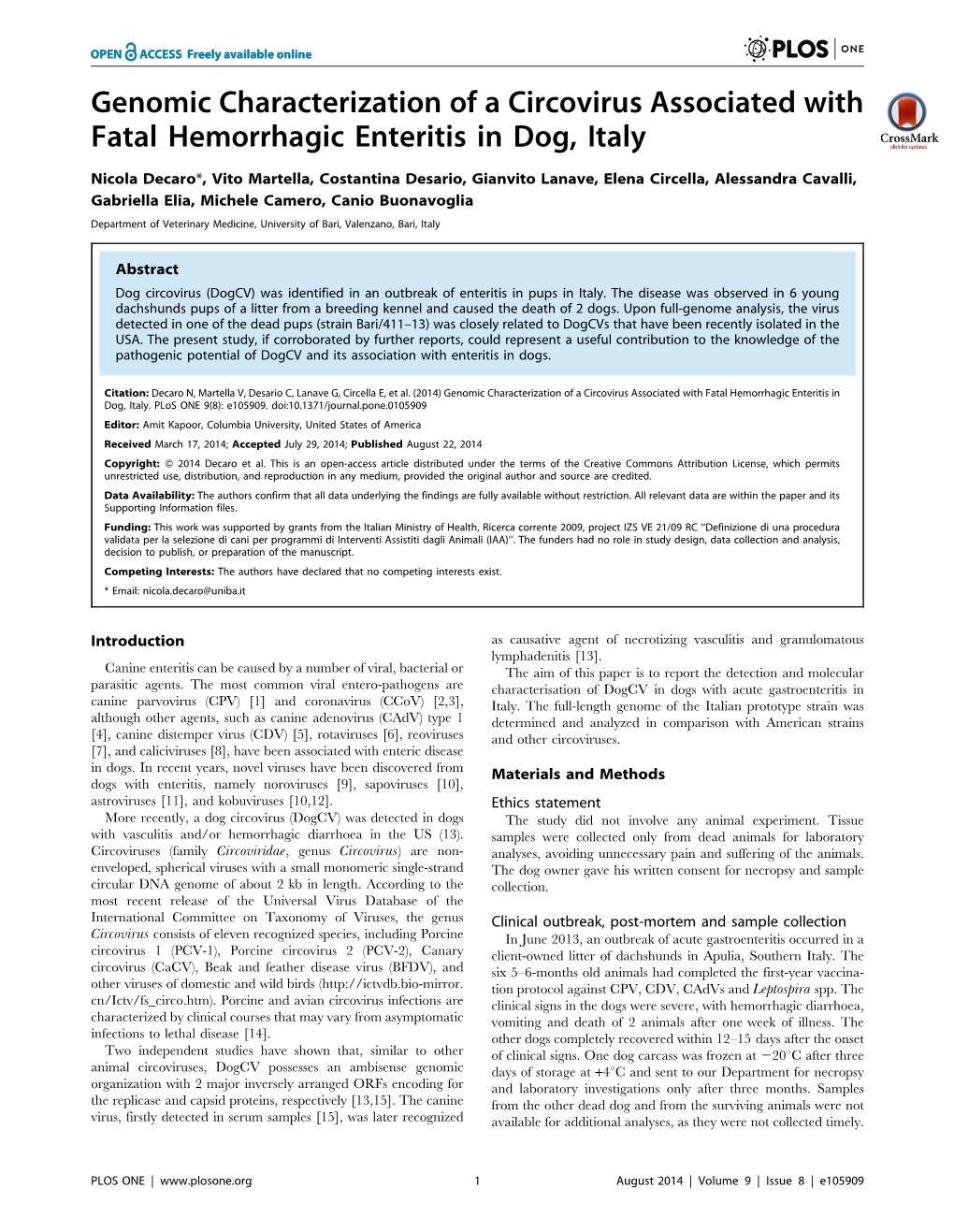 Genomic Characterization of a Circovirus Associated with Fatal Hemorrhagic Enteritis in Dog, Italy