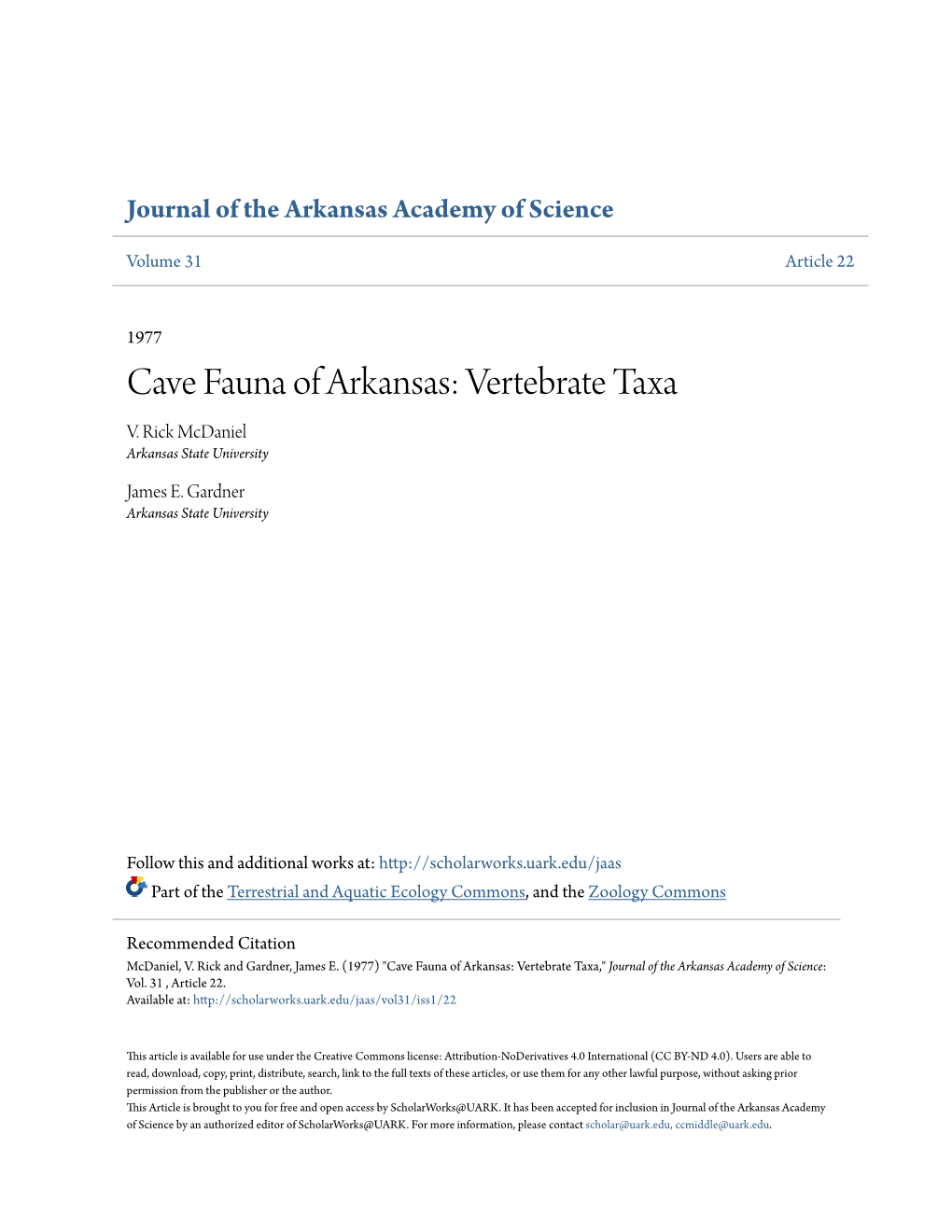 Cave Fauna of Arkansas: Vertebrate Taxa V