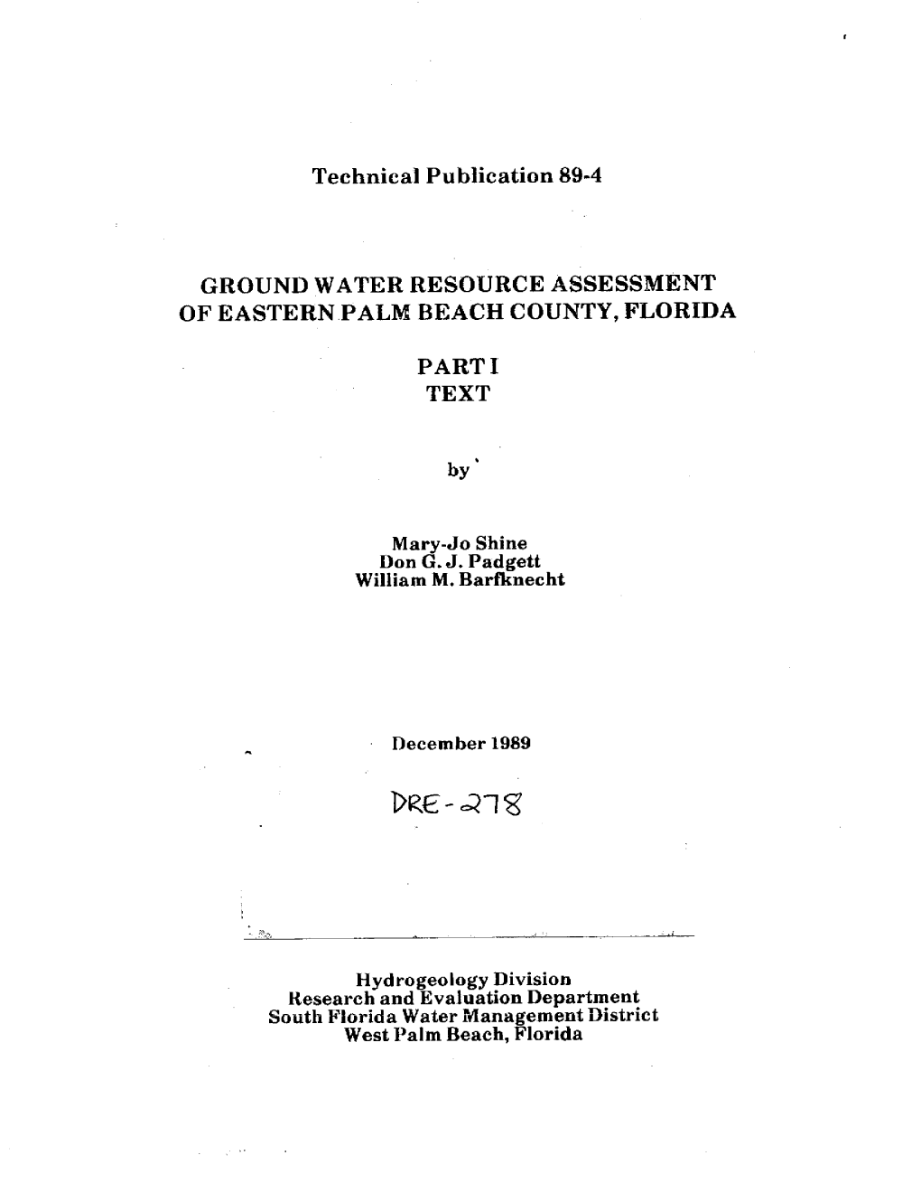 Technical Publication 89-4 GROUND WATER RESOURCE