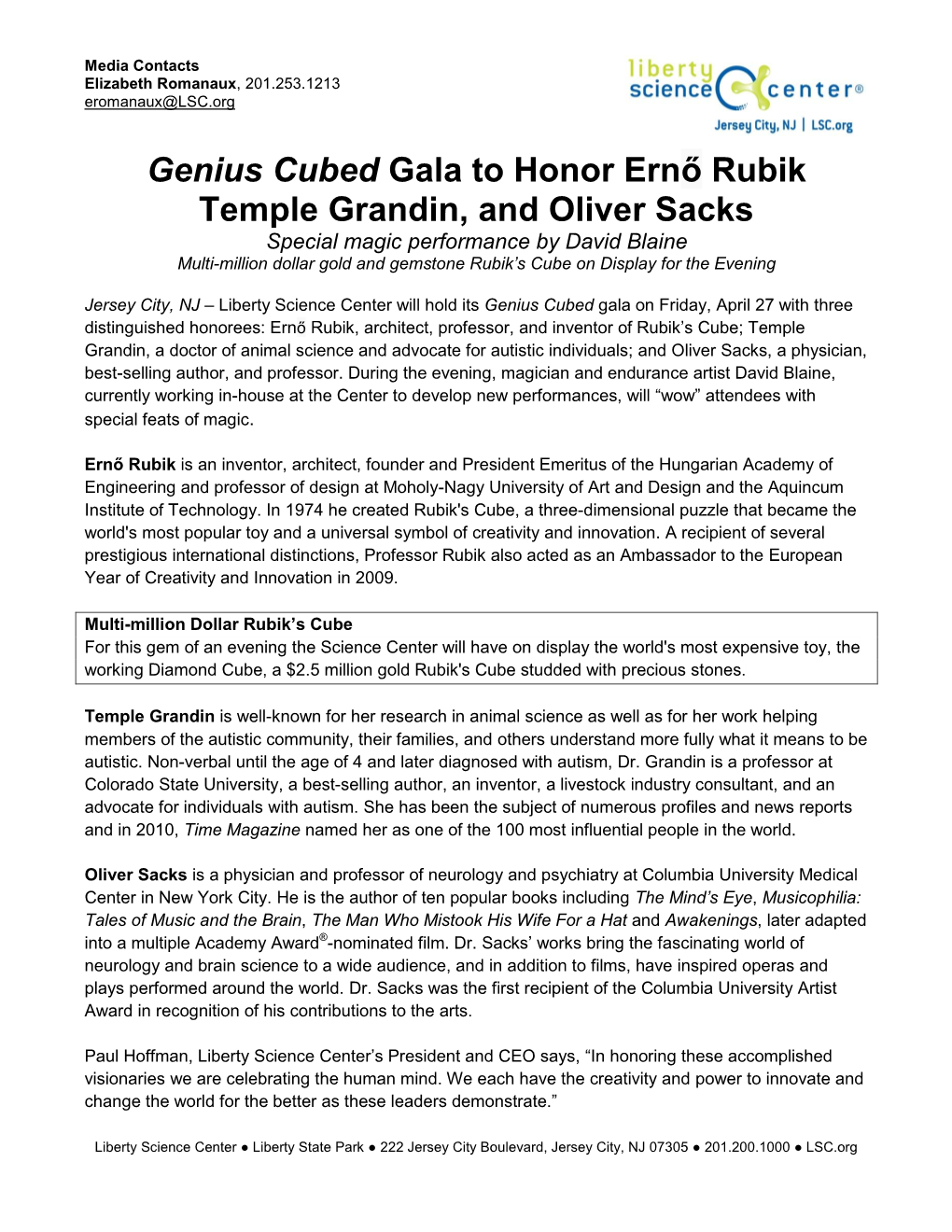 Genius Cubed Gala to Honor Ernő Rubik Temple Grandin, and Oliver Sacks