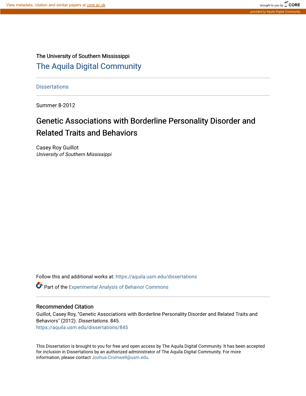 Genetic Associations with Borderline Personality Disorder and Related Traits and Behaviors