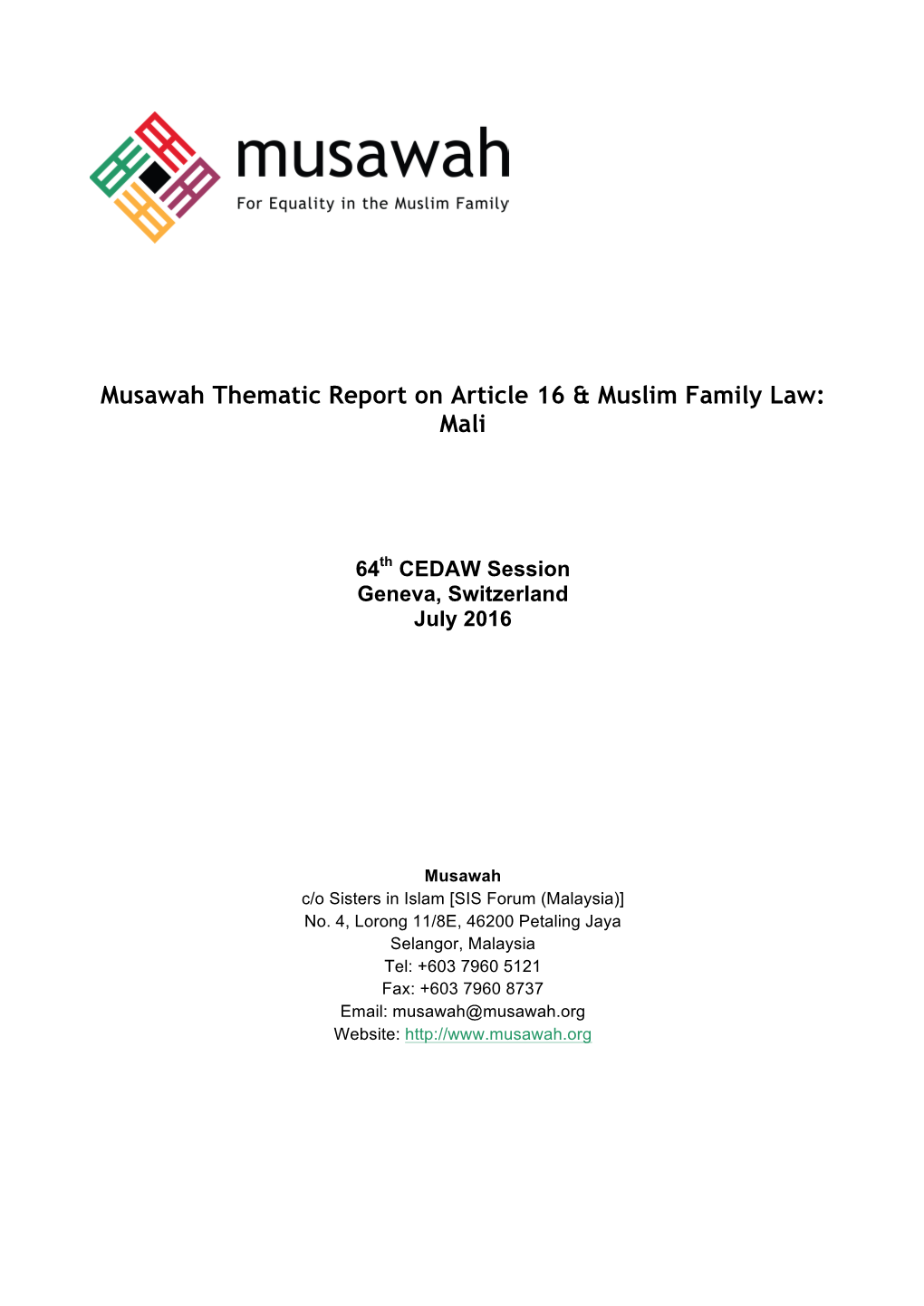 Musawah Thematic Report on Article 16 & Muslim Family Law: Mali