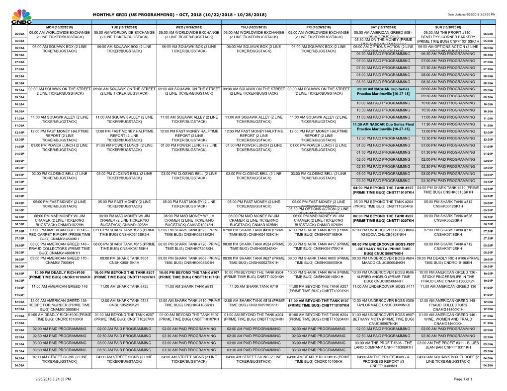 US PROGRAMMING) - OCT, 2018 (10/22/2018 - 10/28/2018) Date Updated:9/26/2018 3:02:30 PM