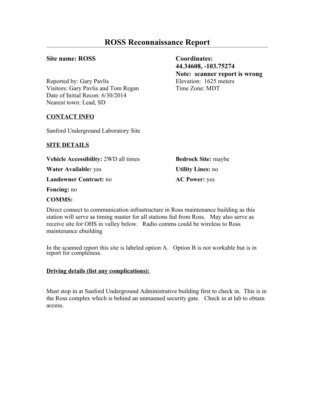 Earthscope Site Reconnaissance Checklist