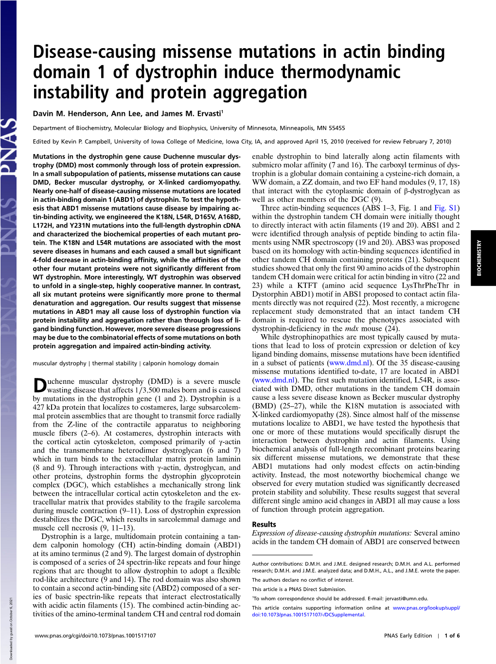 Disease-Causing Missense Mutations in Actin Binding Domain 1 of Dystrophin Induce Thermodynamic Instability and Protein Aggregation