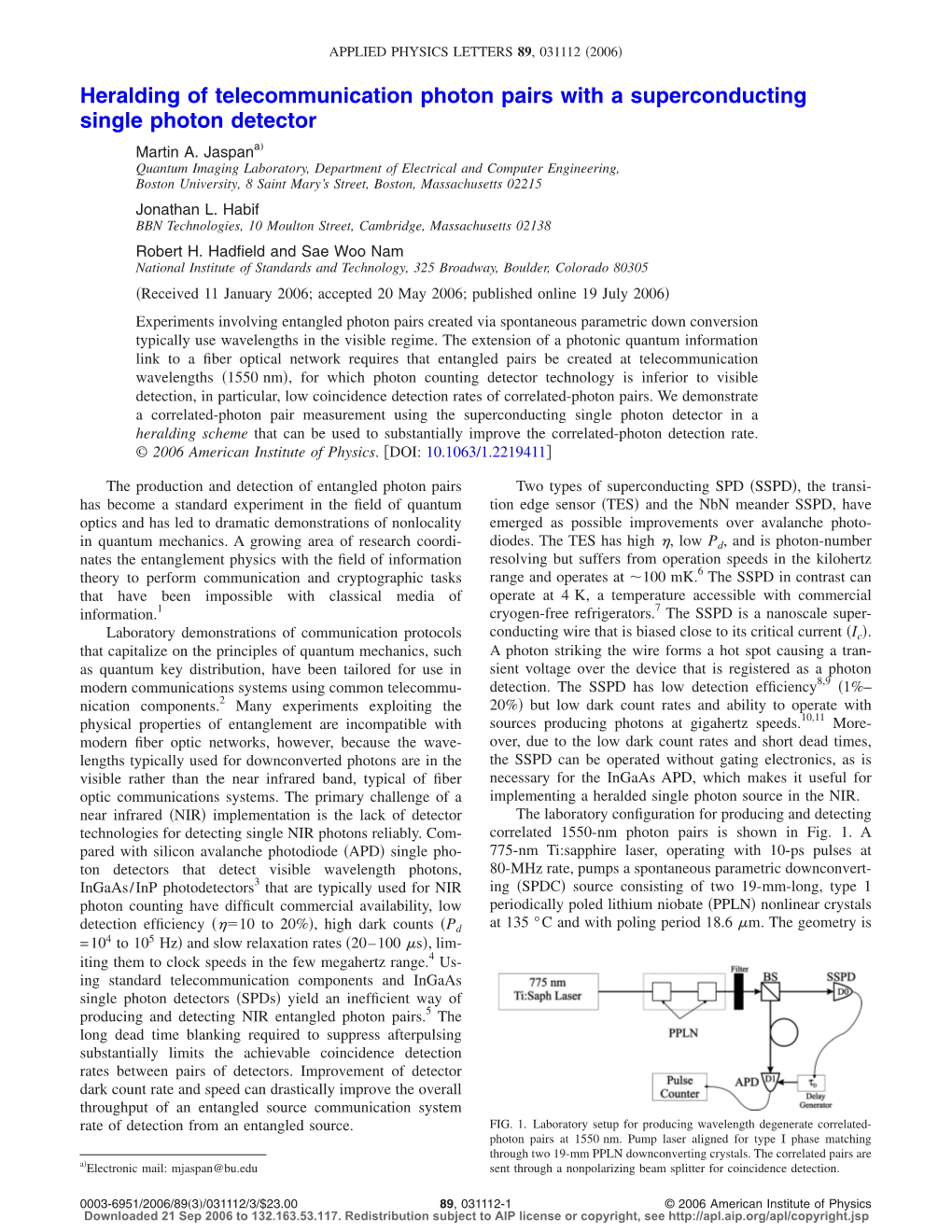 Heralding of Telecommunication Photon Pairs with a Superconducting Single Photon Detector ͒ Martin A