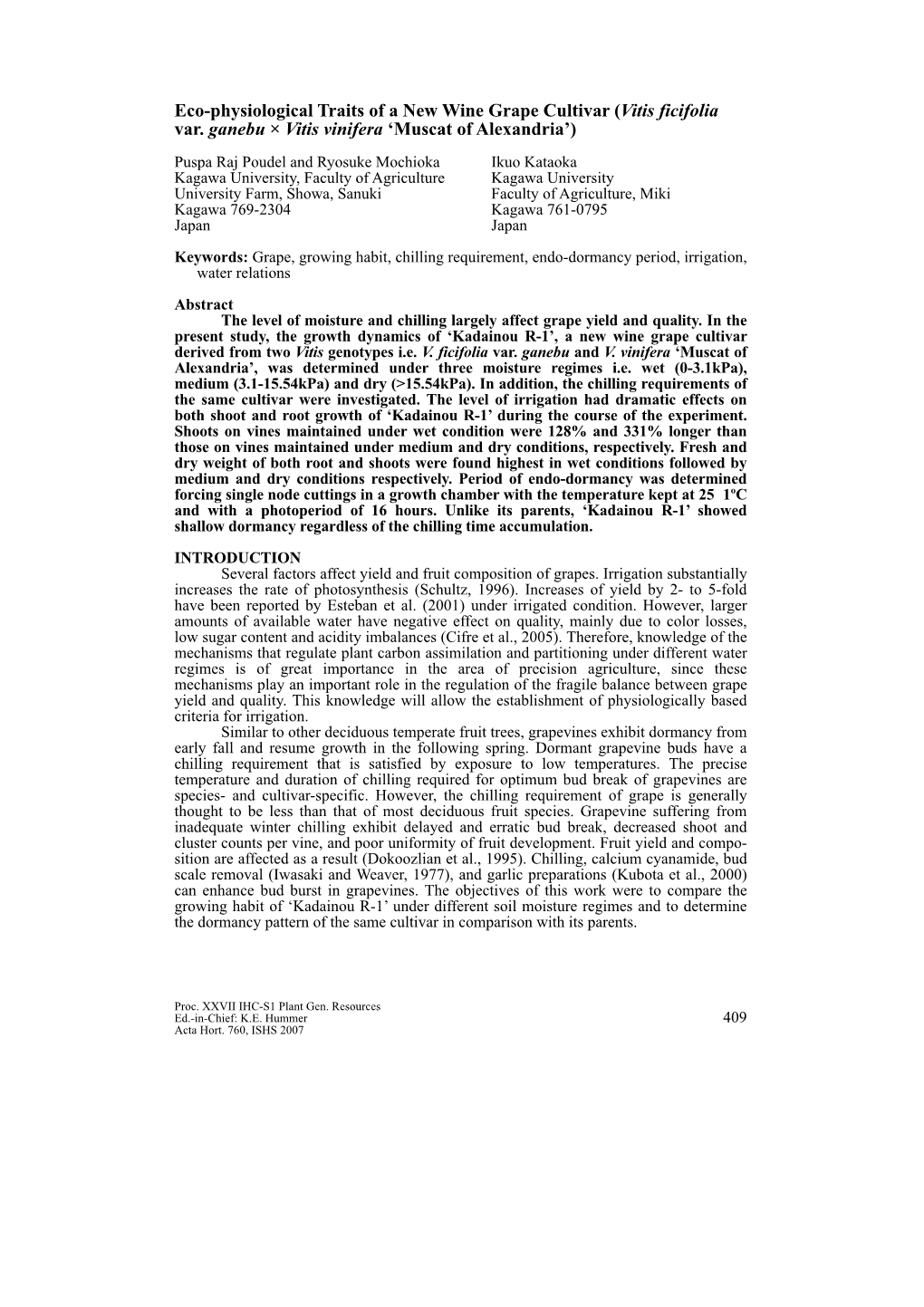 Eco-Physiological Traits of a New Wine Grape Cultivar (Vitis Ficifolia Var