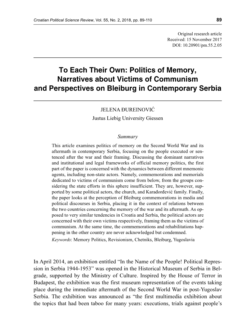 To Each Their Own: Politics of Memory, Narratives About Victims of Communism and Perspectives on Bleiburg in Contemporary Serbia