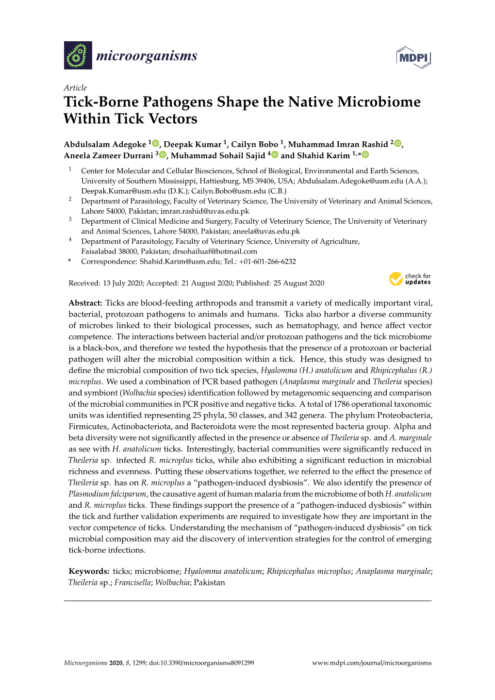 Tick-Borne Pathogens Shape the Native Microbiome Within Tick Vectors