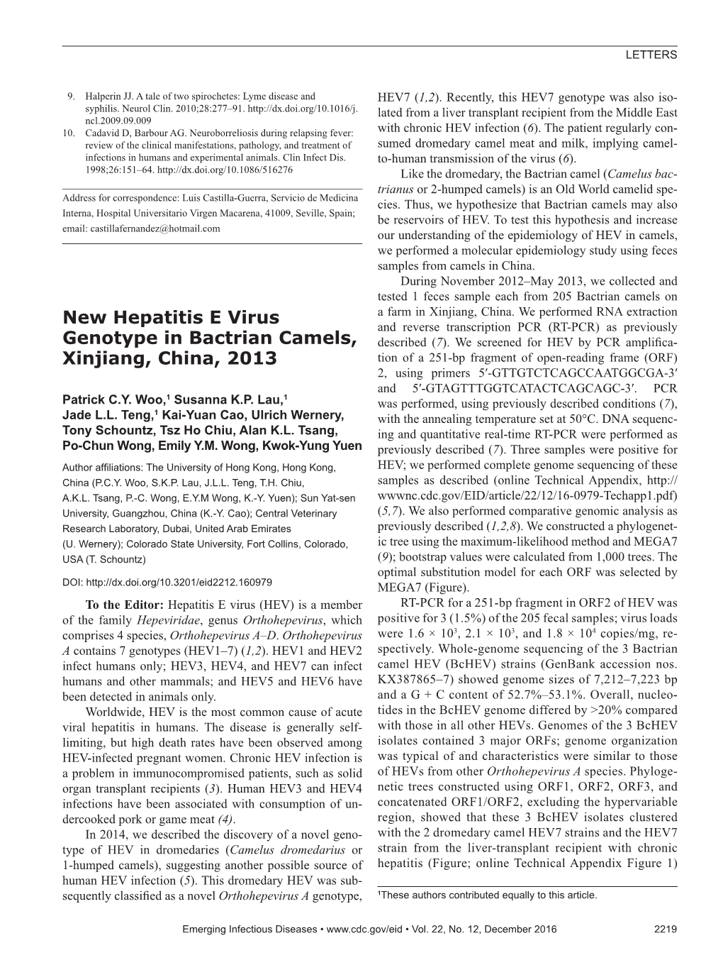 New Hepatitis E Virus Genotype in Bactrian Camels, Xinjiang, China, 2013