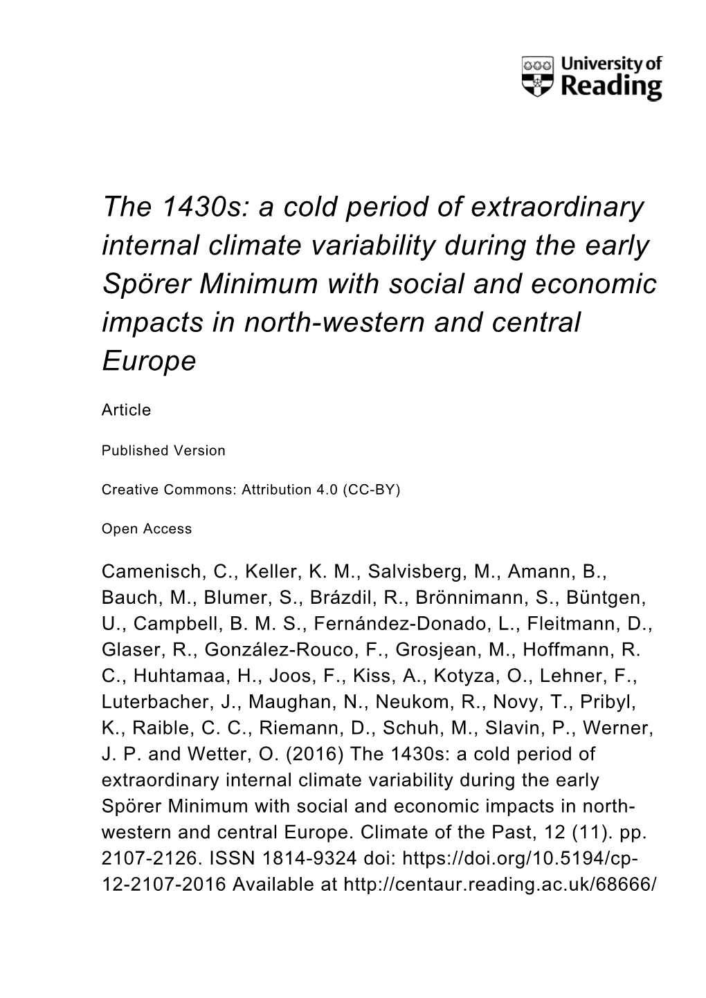 The 1430S: a Cold Period of Extraordinary Internal Climate
