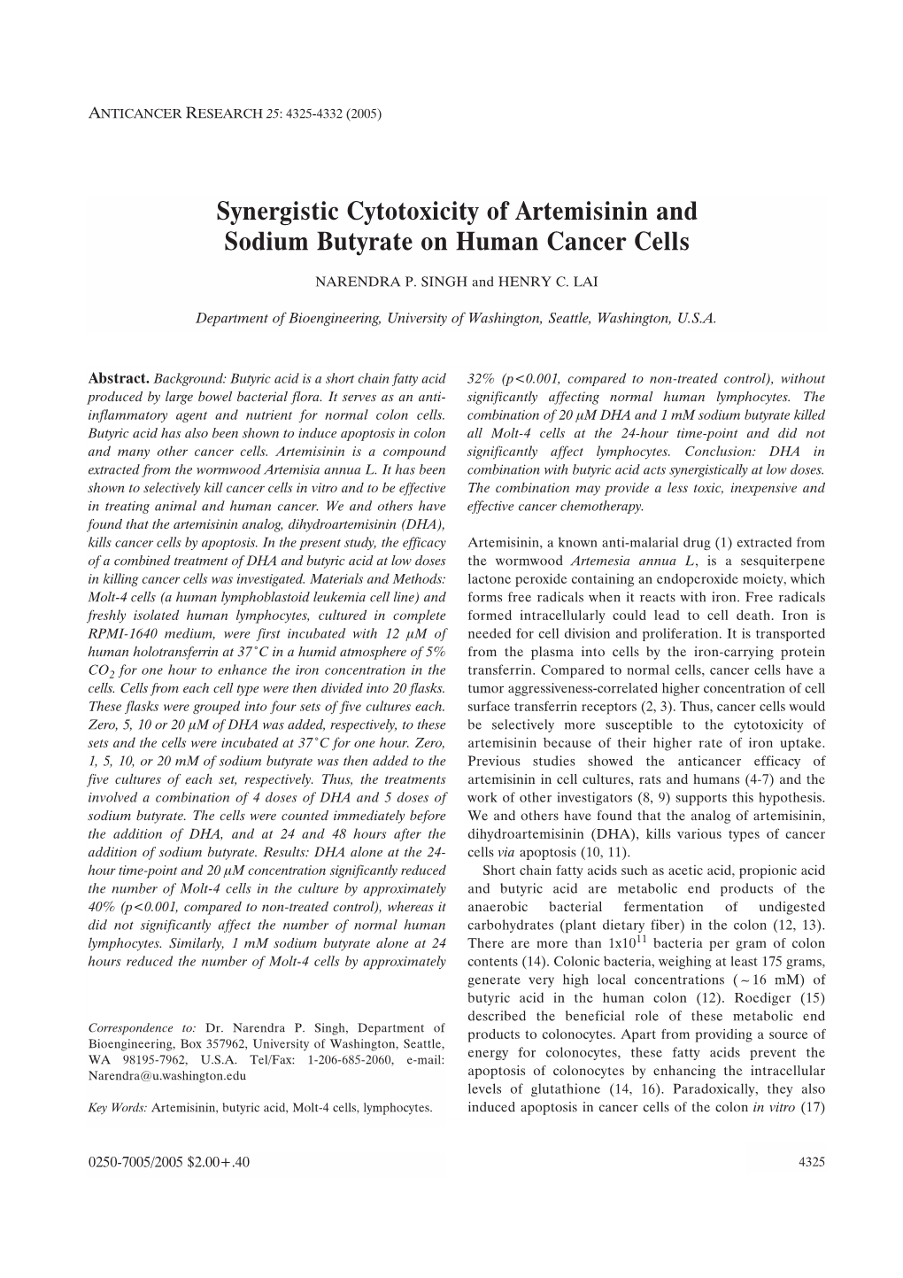 Synergistic Cytotoxicity of Artemisinin and Sodium Butyrate on Human Cancer Cells