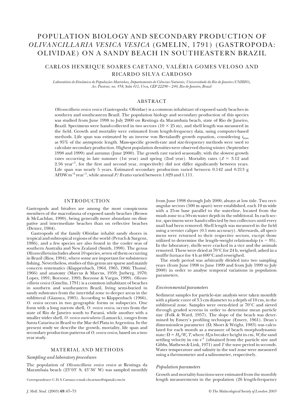 Population Biology and Secondary Production of Olivancillaria Vesica Vesica (Gmelin, 1791) (Gastropoda: Olividae) on a Sandy Beach in Southeastern Brazil