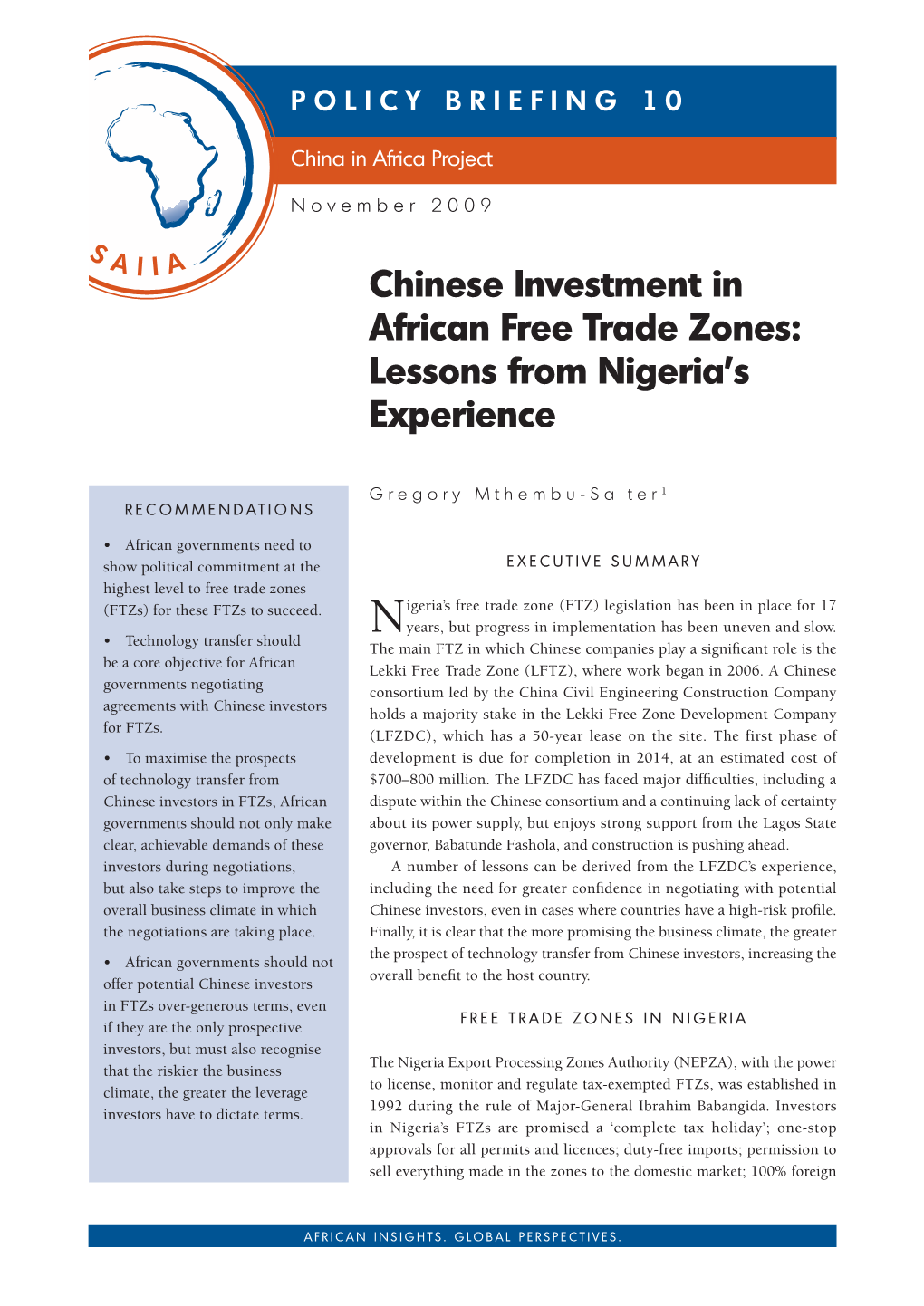 Chinese Investment in African Free Trade Zones: Lessons from Nigeria’S Experience