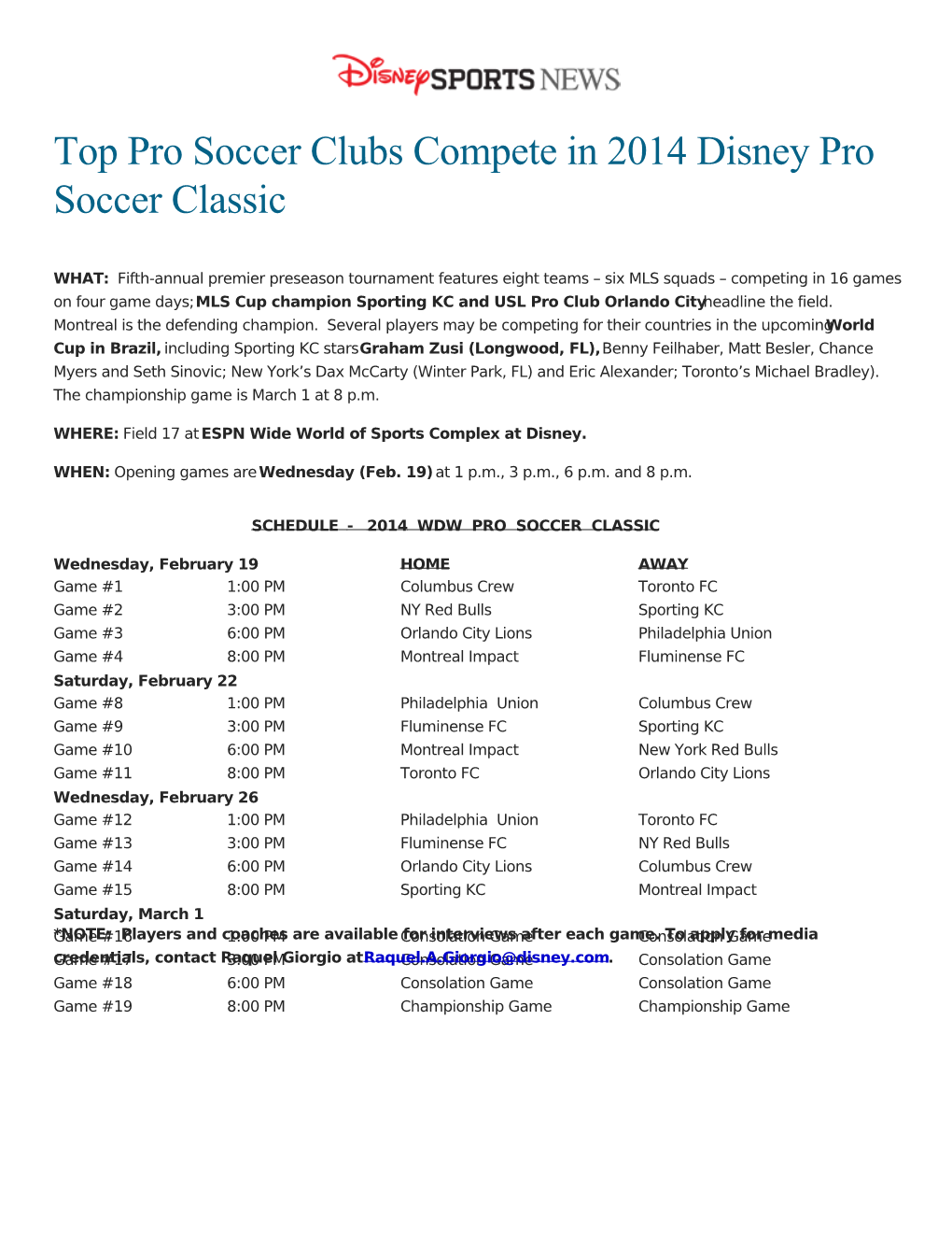 Top Pro Soccer Clubs Compete in 2014 Disney Pro Soccer Classic