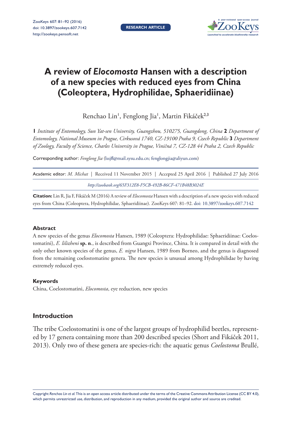 A Review of Elocomosta Hansen with a Description of a New Species with Reduced Eyes from China (Coleoptera, Hydrophilidae, Sphaeridiinae)