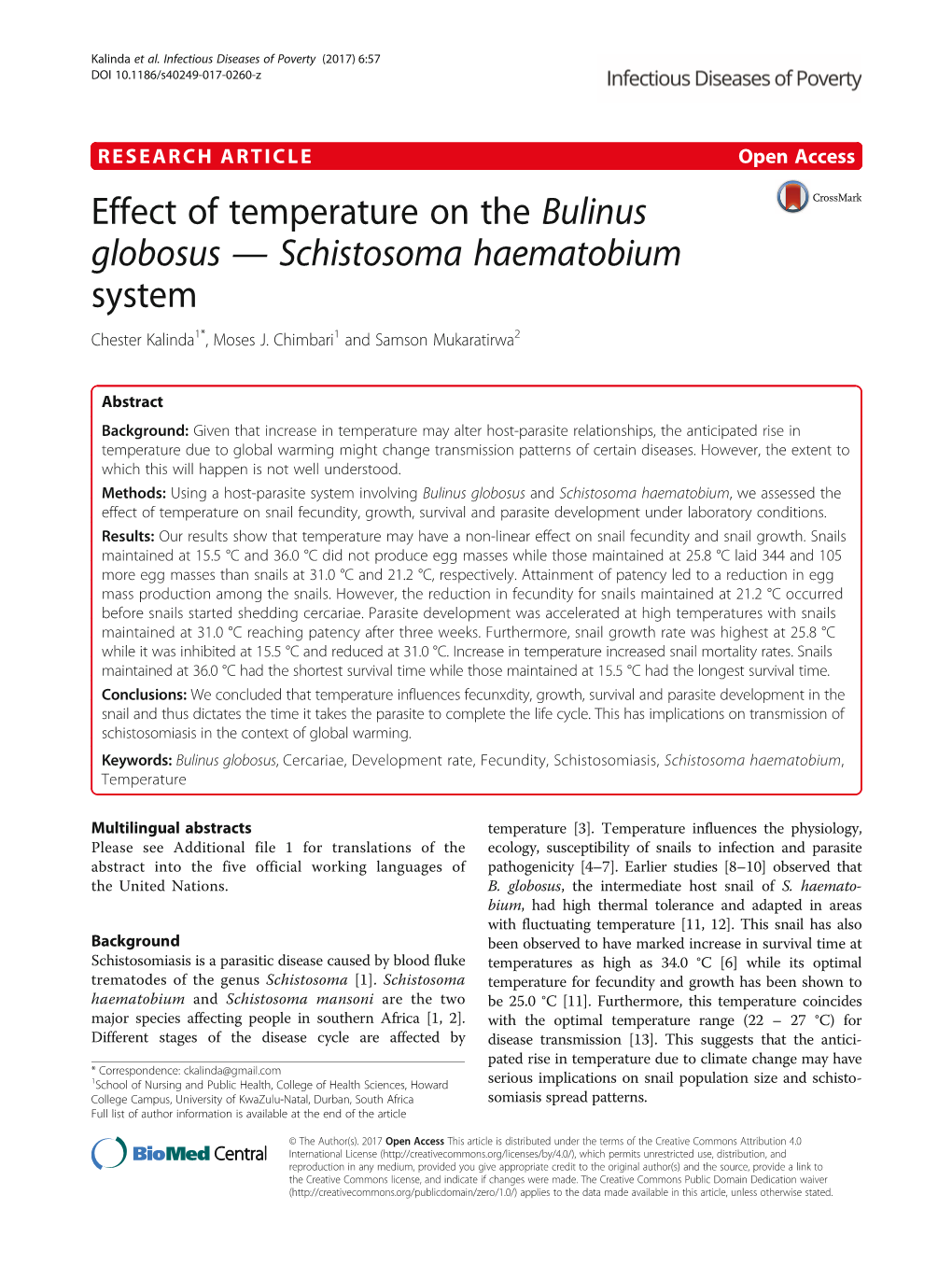 Effect of Temperature on the Bulinus Globosus — Schistosoma Haematobium System Chester Kalinda1*, Moses J