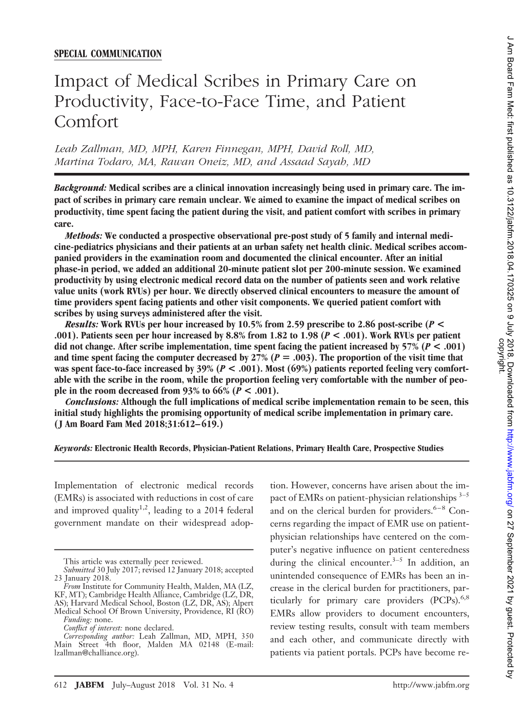 Impact of Medical Scribes in Primary Care on Productivity, Face-To-Face Time, and Patient Comfort