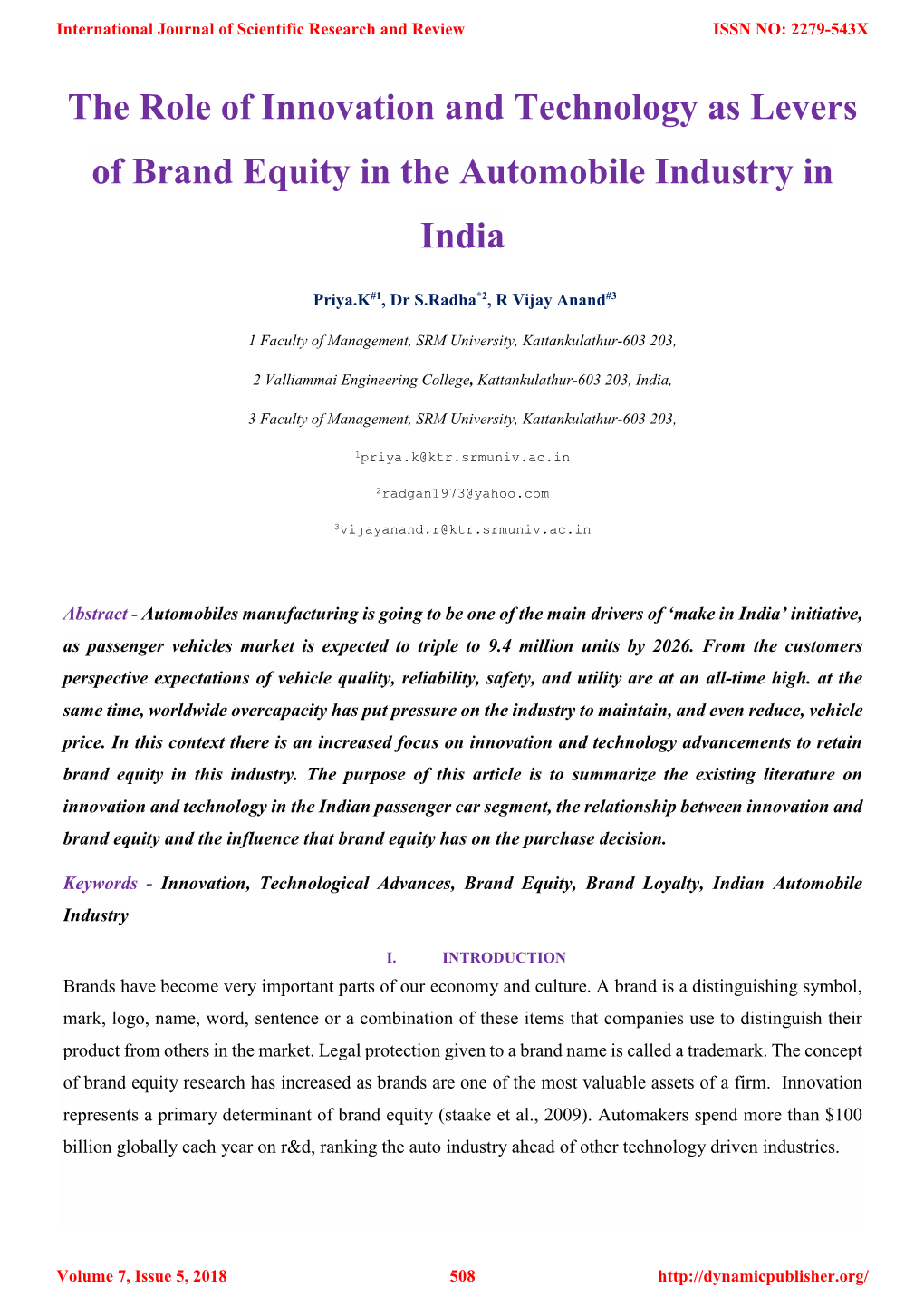 The Role of Innovation and Technology As Levers of Brand Equity in the Automobile Industry in India