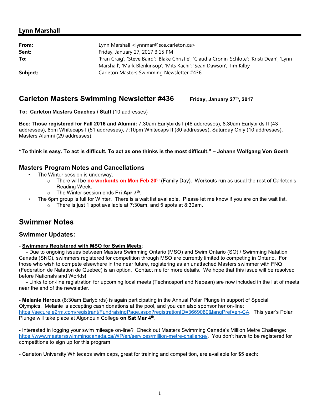 Carleton Masters Swimming Newsletter #436 Swimmer Notes