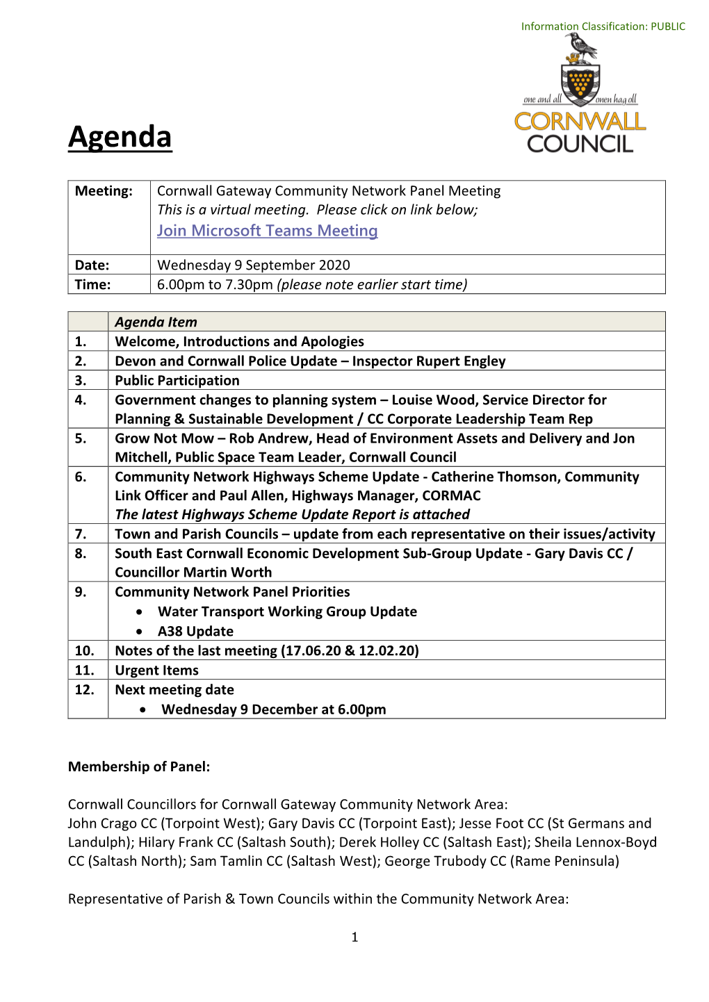 Agenda for Cornwall Gateway Community Network Meeting