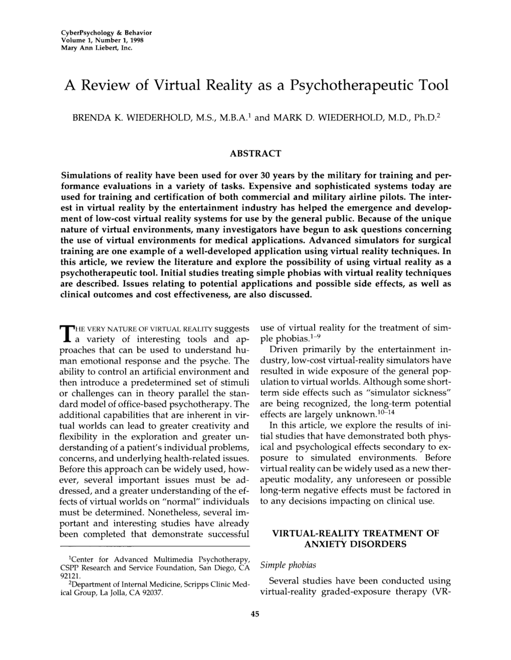 A Review of Virtual Reality As a Psychotherapeutic Tool