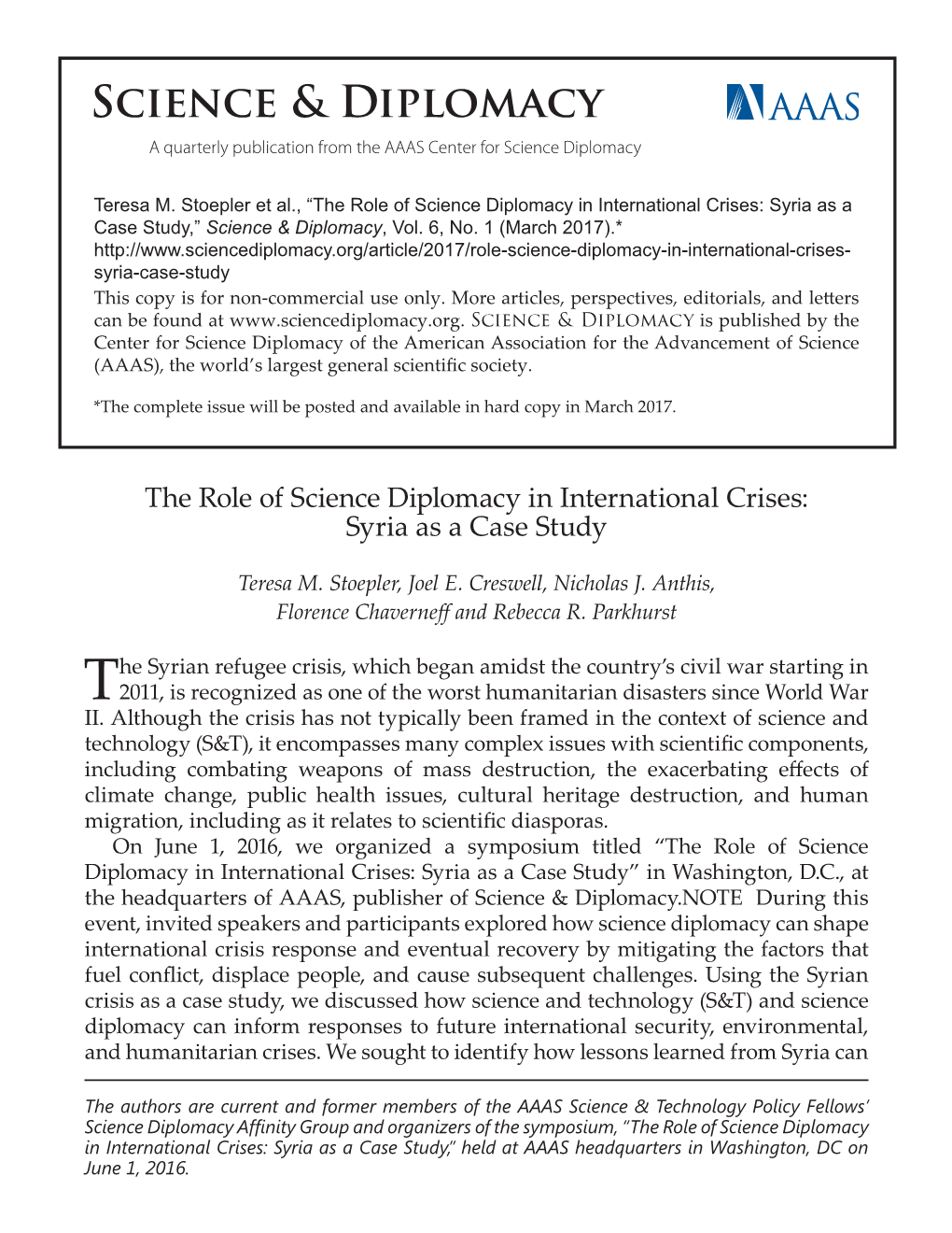 The Role of Science Diplomacy in International Crises: Syria As a Case Study,” Science & Diplomacy, Vol