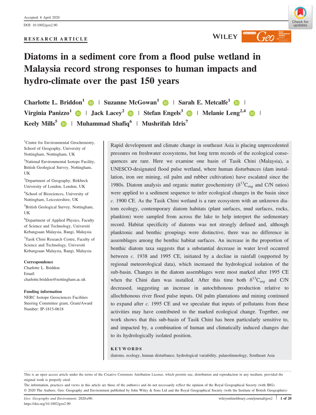Diatoms in a Sediment Core from a Flood Pulse Wetland in Malaysia Record Strong Responses to Human Impacts and Hydro‐Climate Over the Past 150 Years