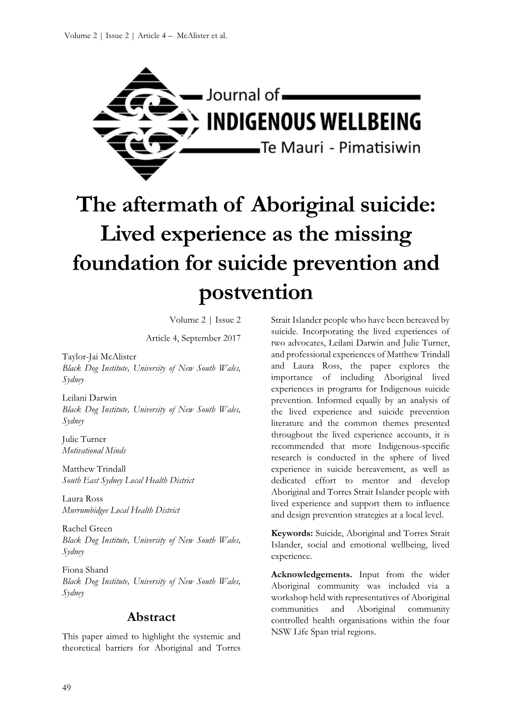 The Aftermath of Aboriginal Suicide: Lived Experience As the Missing Foundation for Suicide Prevention and Postvention