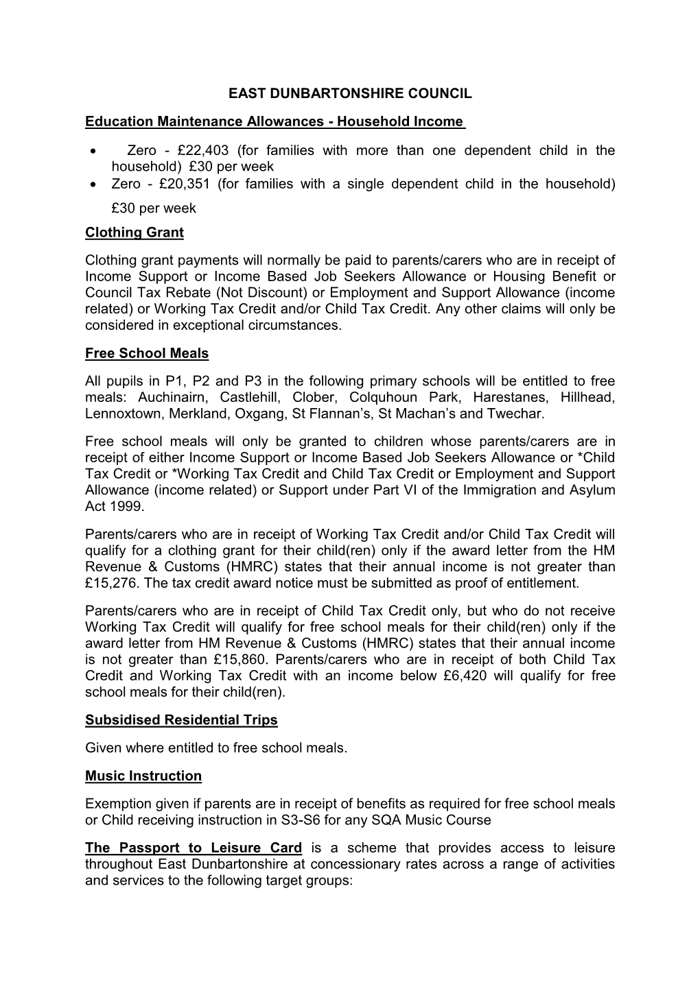 EAST DUNBARTONSHIRE COUNCIL Education Maintenance Allowances - Household Income