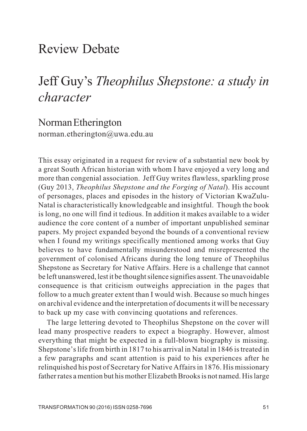 Review Debate Jeff Guy's Theophilus Shepstone: a Study in Character