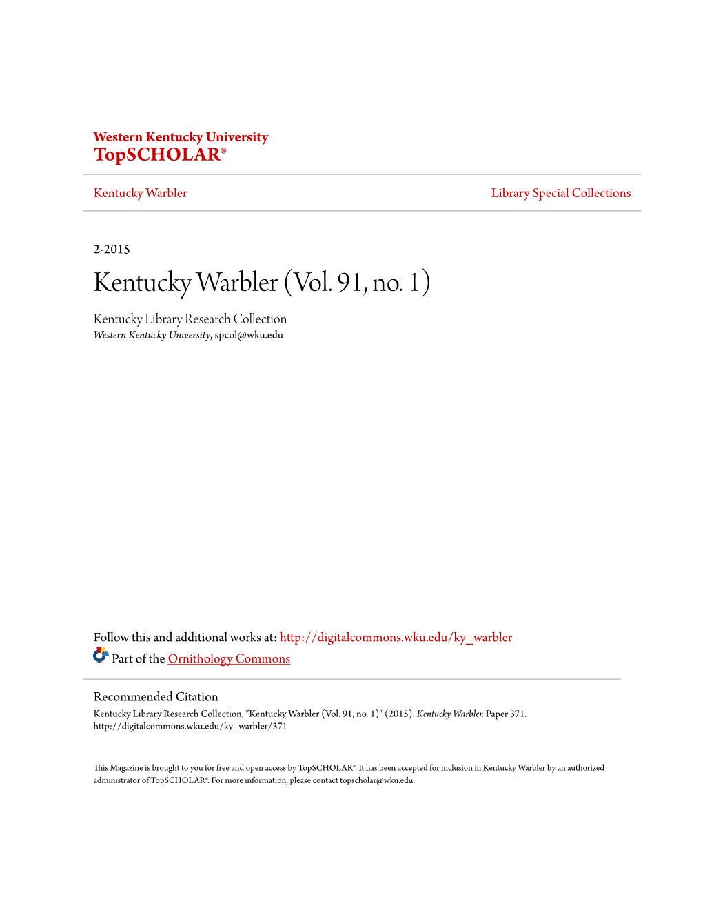 Kentucky Warbler (Vol. 91, No. 1) Kentucky Library Research Collection Western Kentucky University, Spcol@Wku.Edu