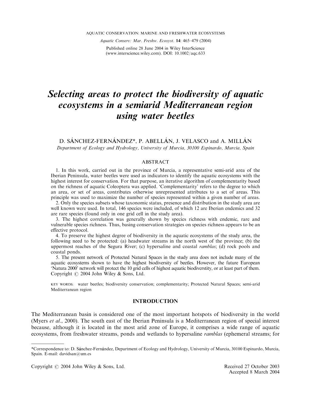 Selecting Areas to Protect the Biodiversity of Aquatic Ecosystems in a Semiarid Mediterranean Region Using Water Beetles