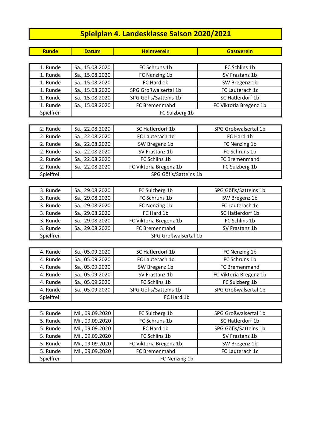 Spielplan 4. Landesklasse Saison 2020/2021