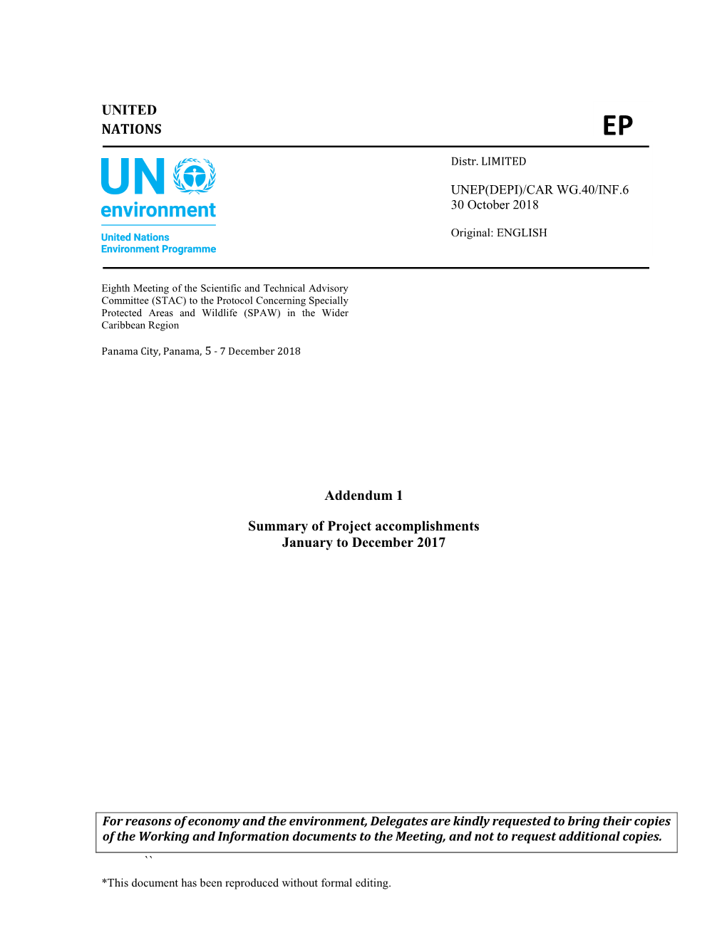UNITED NATIONS Addendum 1 Summary of Project Accomplishments January to December 2017