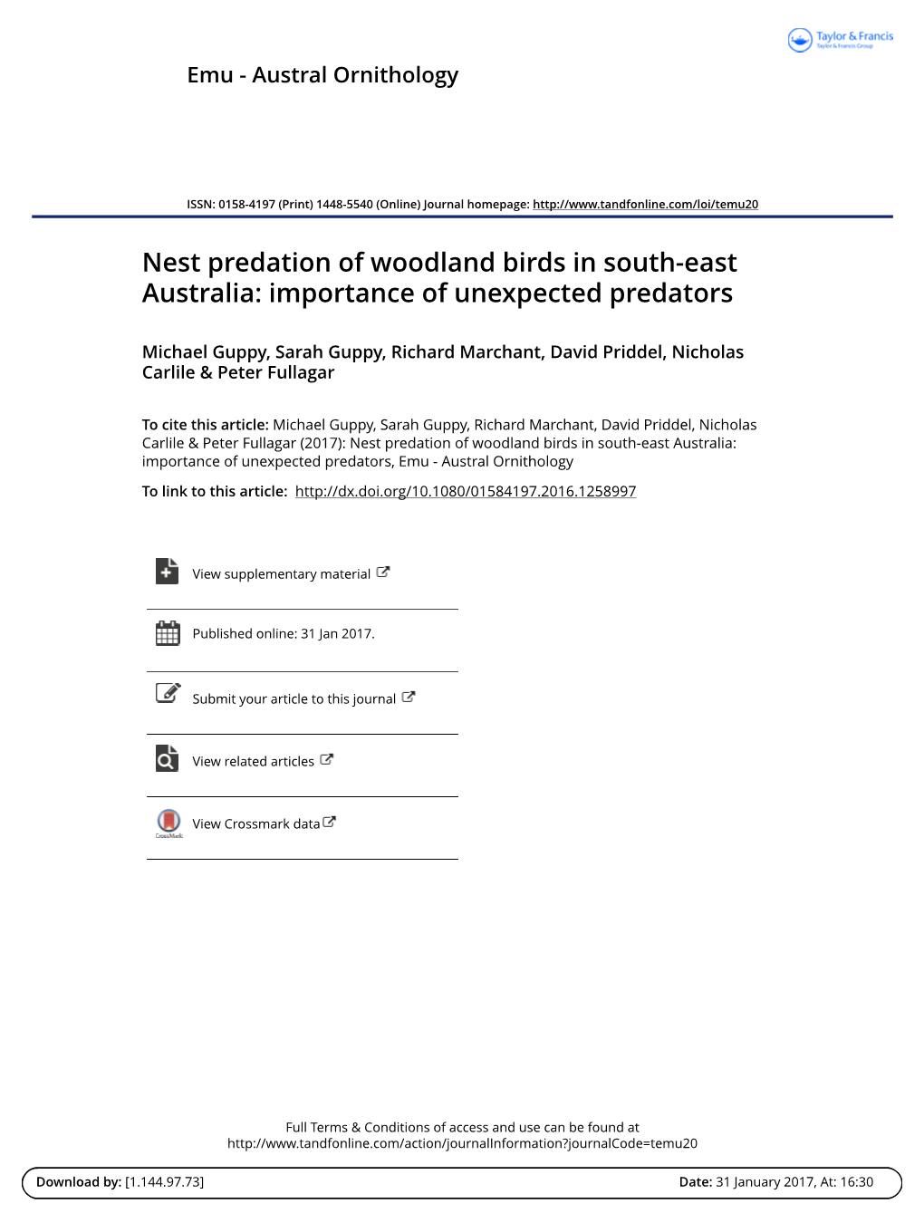 Nest Predation of Woodland Birds in South-East Australia: Importance of Unexpected Predators