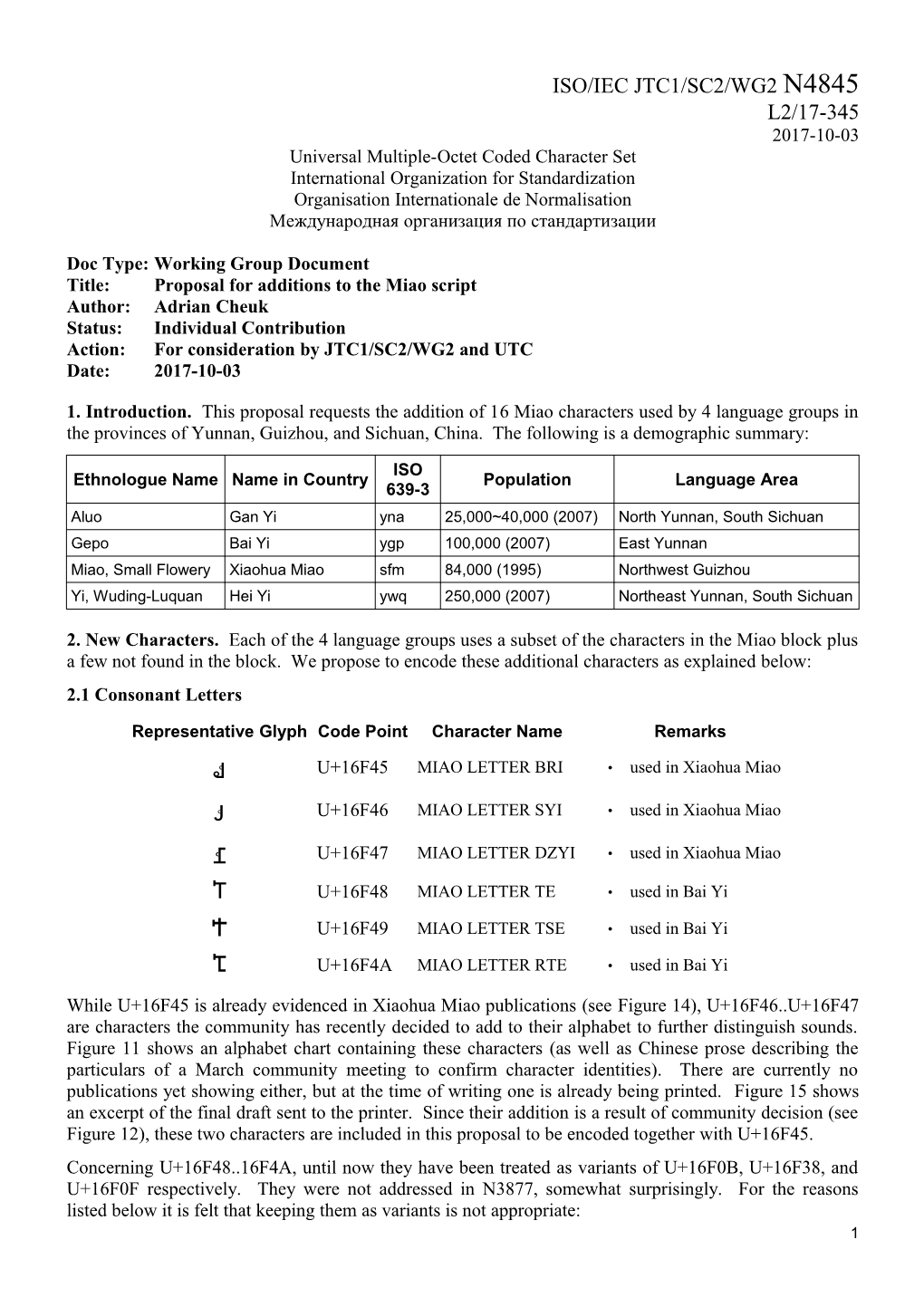 Proposal for Additions to the Miao Script Author: Adrian Cheuk Status: Individual Contribution Action: for Consideration by JTC1/SC2/WG2 and UTC Date: 2017-10-03