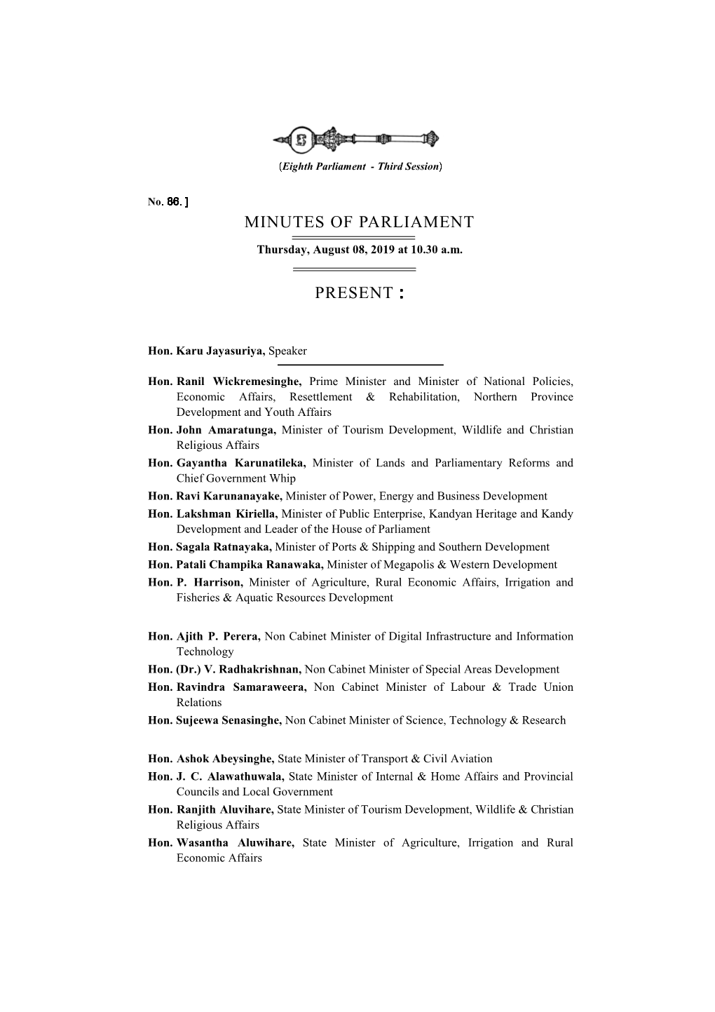Minutes of Parliament for 08.08.2019