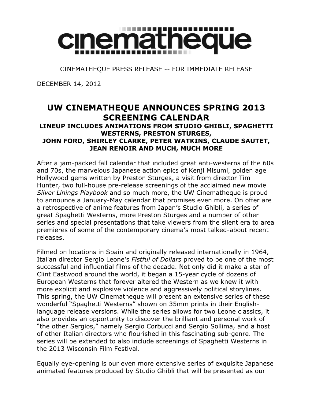 Uw Cinematheque Announces Spring 2013