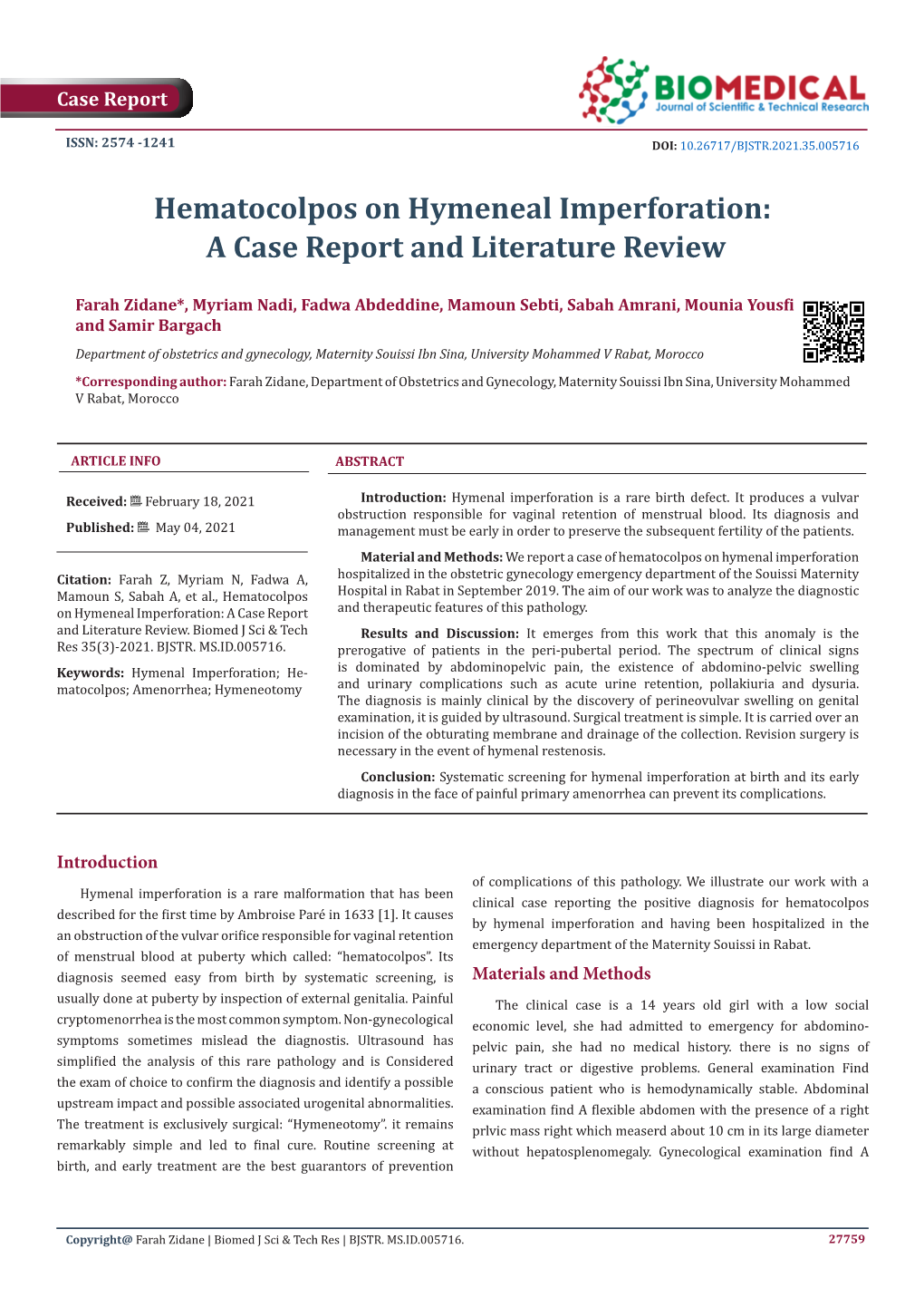 Hematocolpos on Hymeneal Imperforation: a Case Report and Literature Review