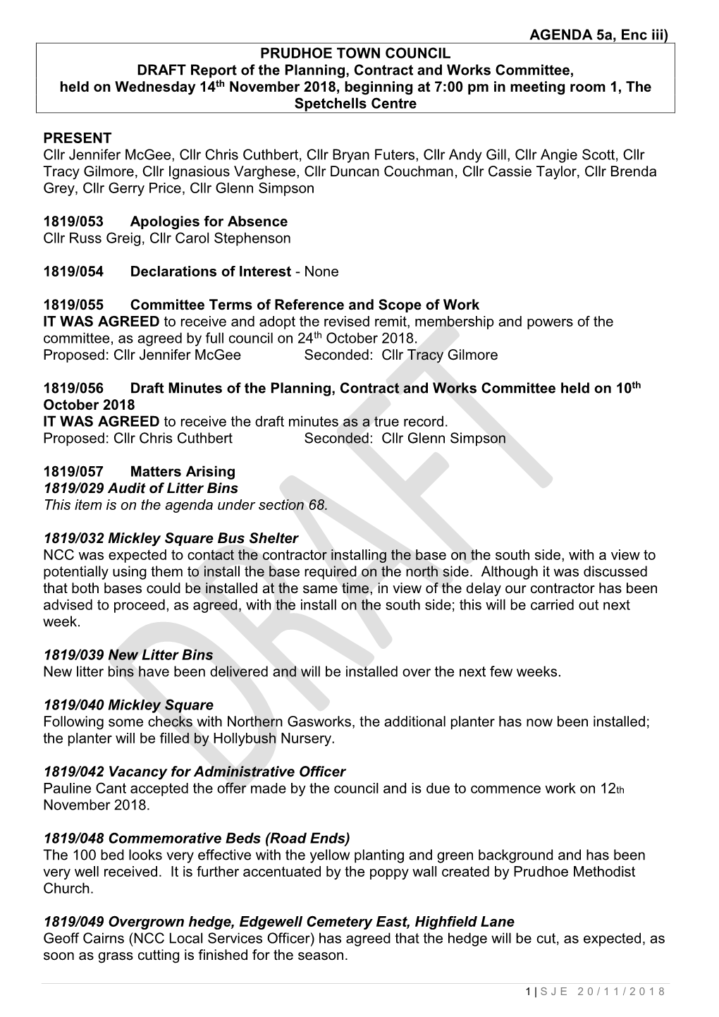 AGENDA 5A, Enc Iii) PRUDHOE TOWN COUNCIL DRAFT Report Of