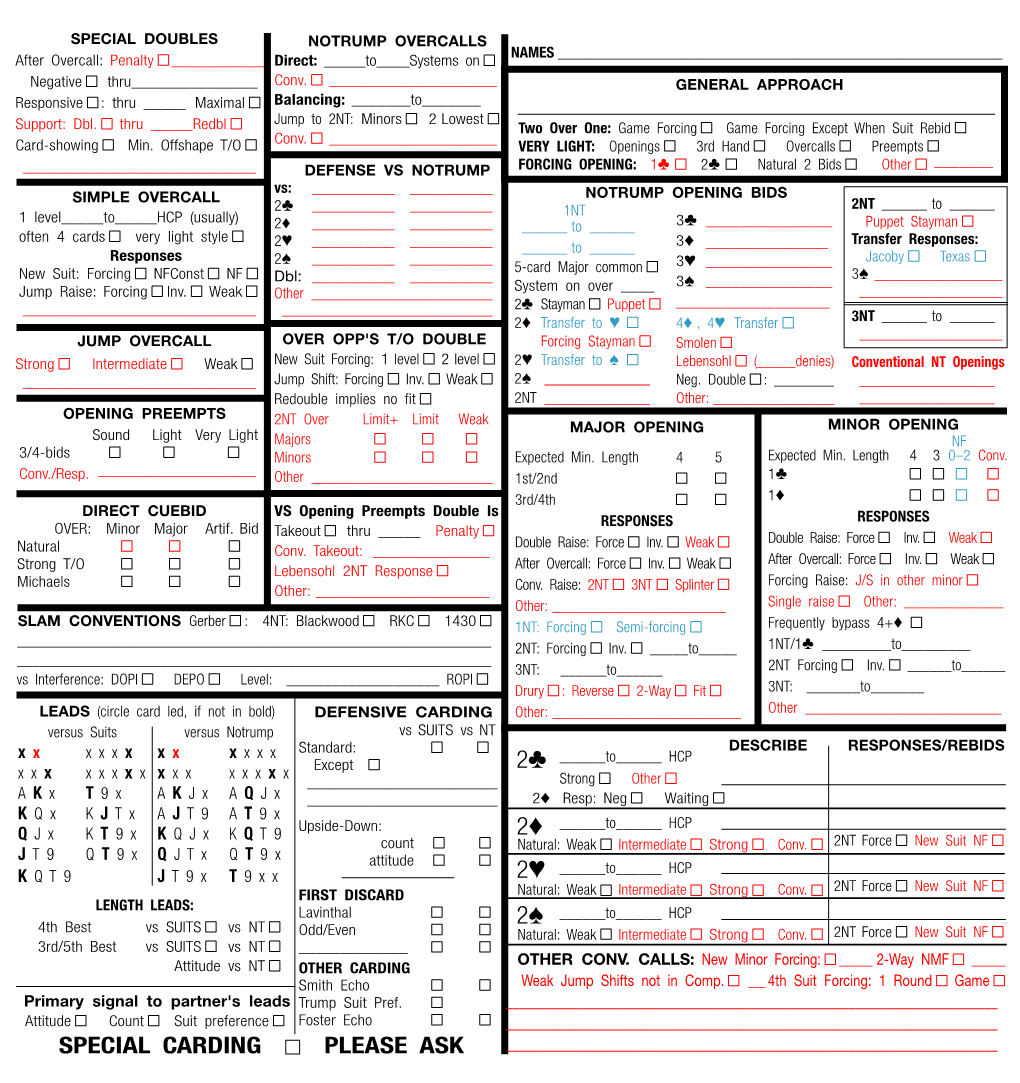 A Blank ACBL Convention Card