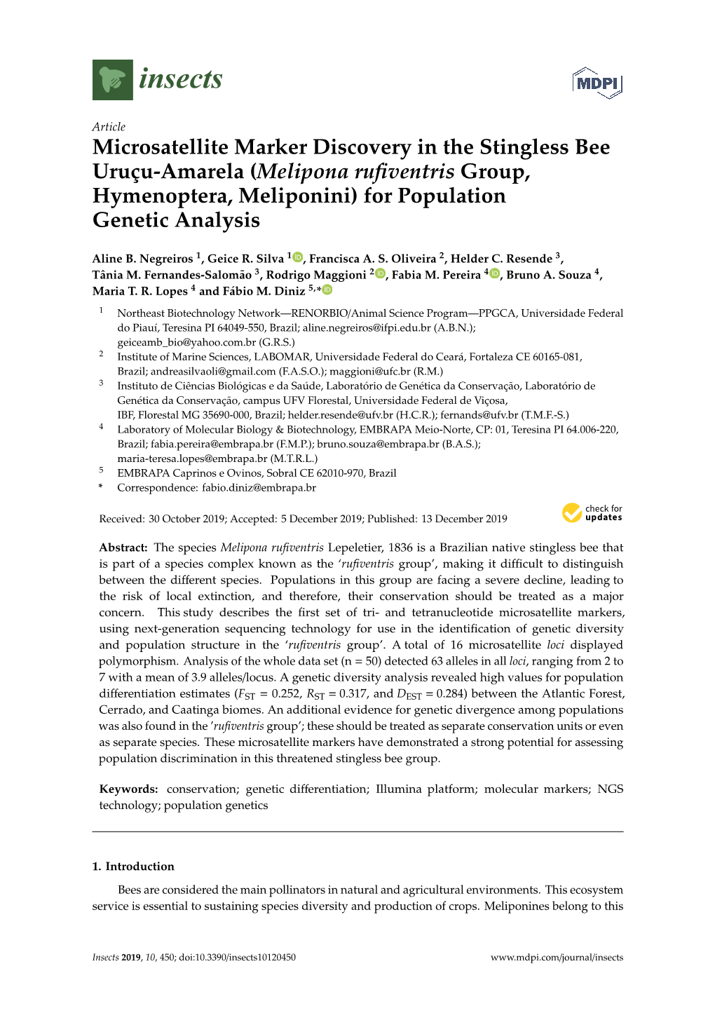Microsatellite Marker Discovery in the Stingless Bee Uruçu-Amarela (Melipona Ruﬁventris Group, Hymenoptera, Meliponini) for Population Genetic Analysis