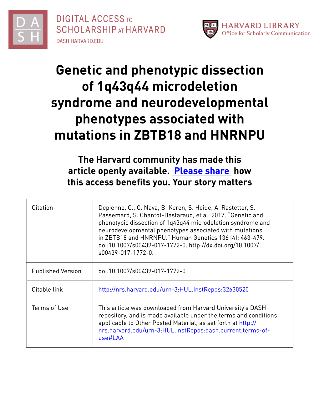 Genetic and Phenotypic Dissection of 1Q43q44 Microdeletion Syndrome and Neurodevelopmental Phenotypes Associated with Mutations in ZBTB18 and HNRNPU