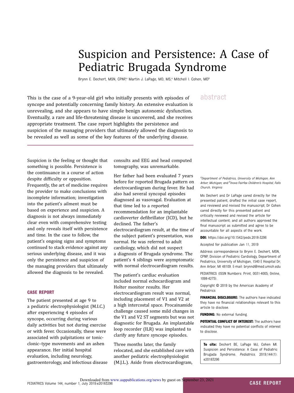 A Case of Pediatric Brugada Syndrome Brynn E